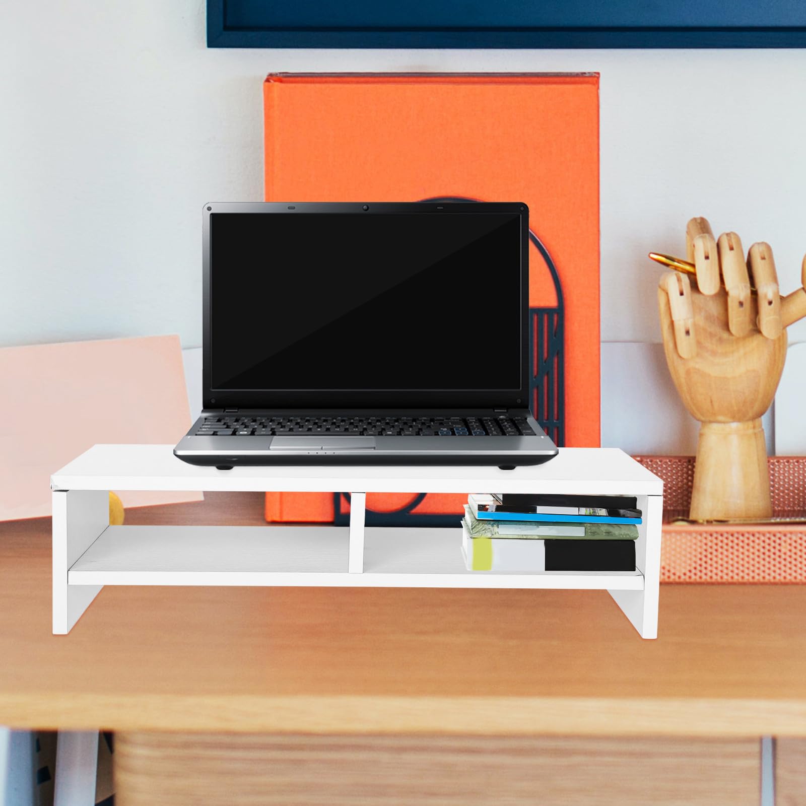 Hemobllo Supporto per Monitor da Scrivania in Legno Doppio Ripiano, Rialzo Organizzatore per Ufficio, Massimizza Spazio e Ordine sulla Scrivania