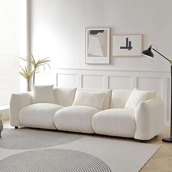 WILLIAMSPACE 102.36 Sectional Sofa Couch for Living Room, Modern Back Upholstered Cloud Boucle Couch with 3 Throw Pillows, 4 Seat Teddy Deep Seat Boucle Sofa for Apartment, Office (Beige)