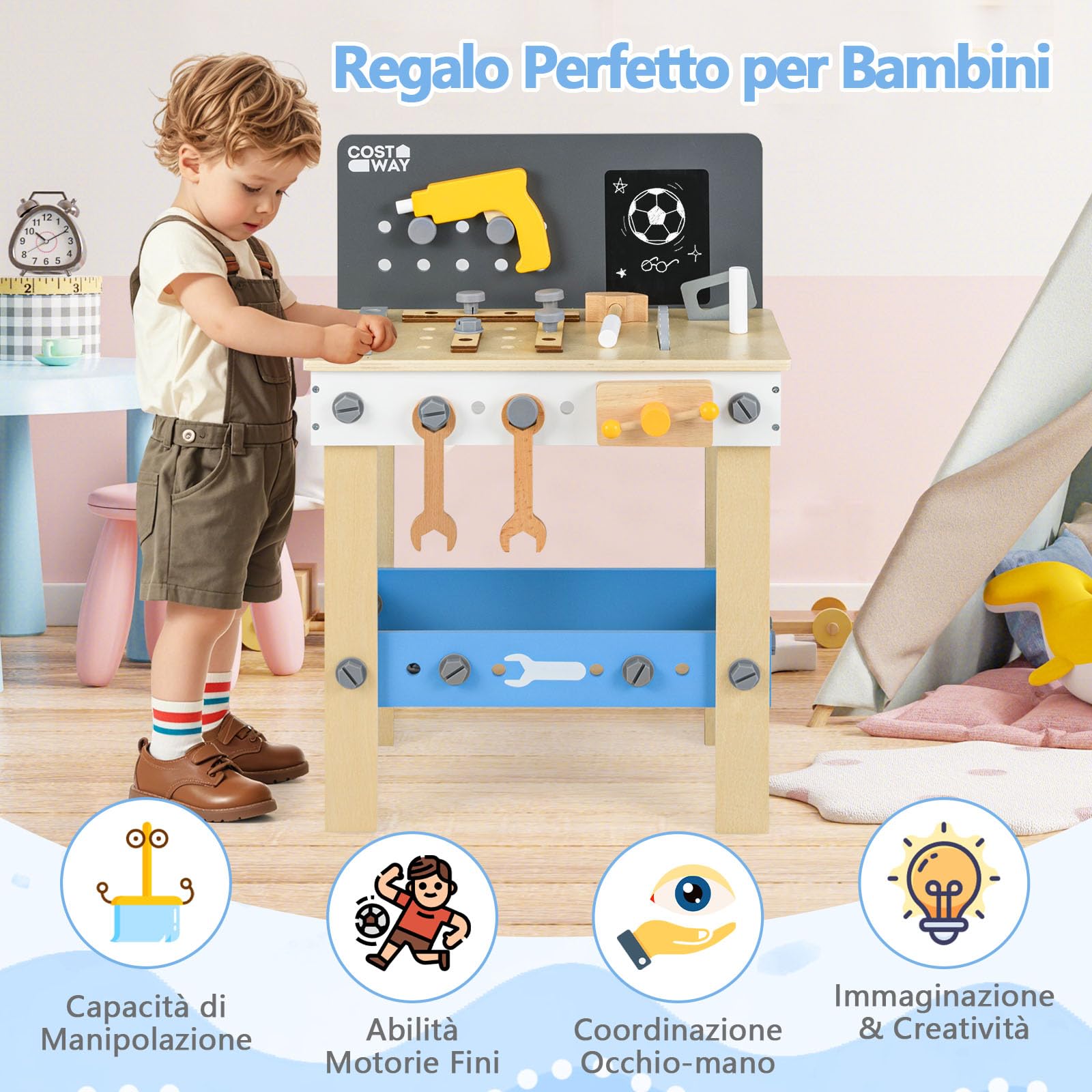 COSTWAY Banco Lavoro Bambini con Set di Attrezzi, Banco da Gioco in Legno con Lavagna e Strumenti da Lavoro, Piano di Lavoro con Trapano, Martello e Chiavi, 51 x 28 x 72 cm, per Bambini 3 + Anni