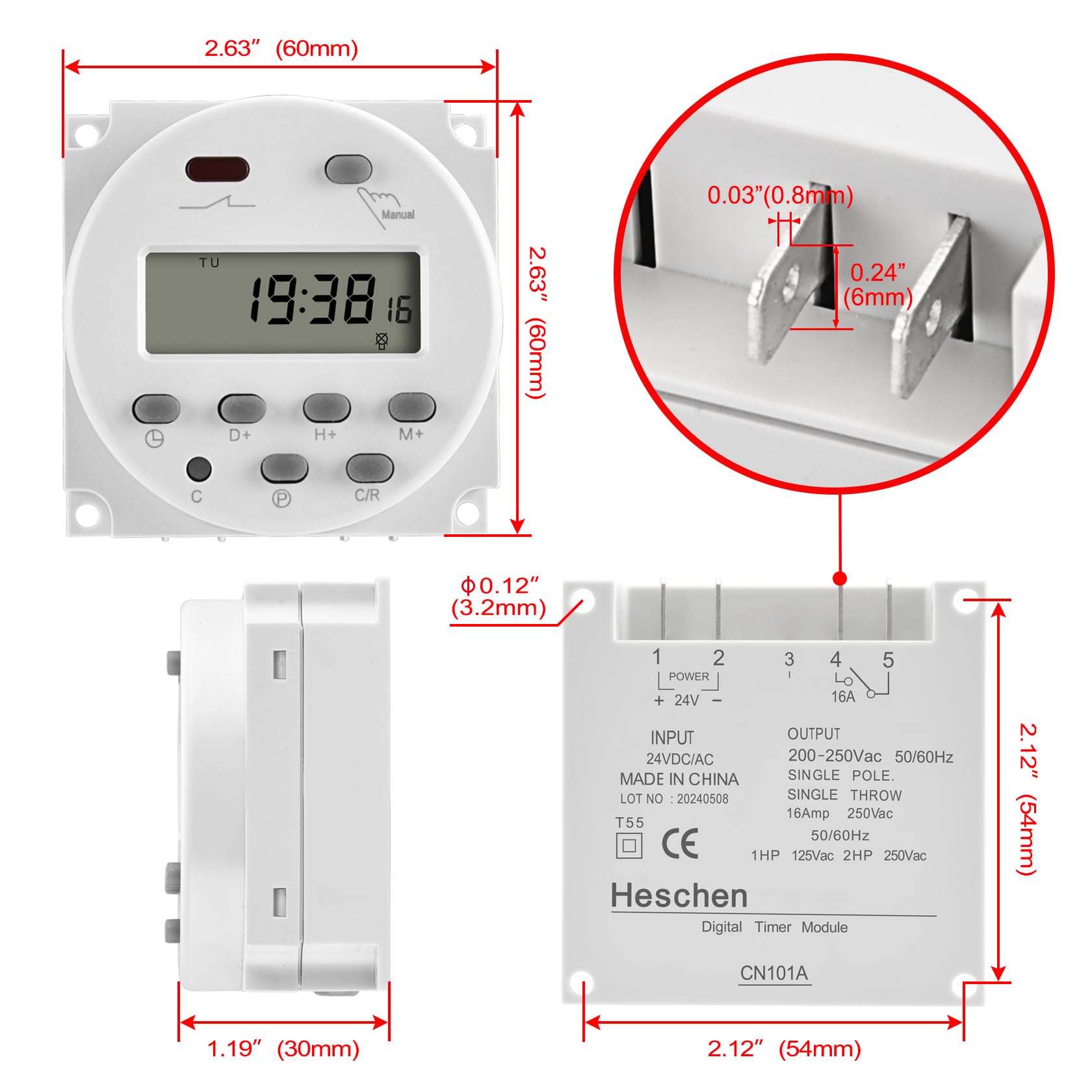 Image secondaire de Heschen Commutateur de Relais de minuterie programmable hebdomadaire de Puissance LCD numérique CN101A DC 24V 16A SPST