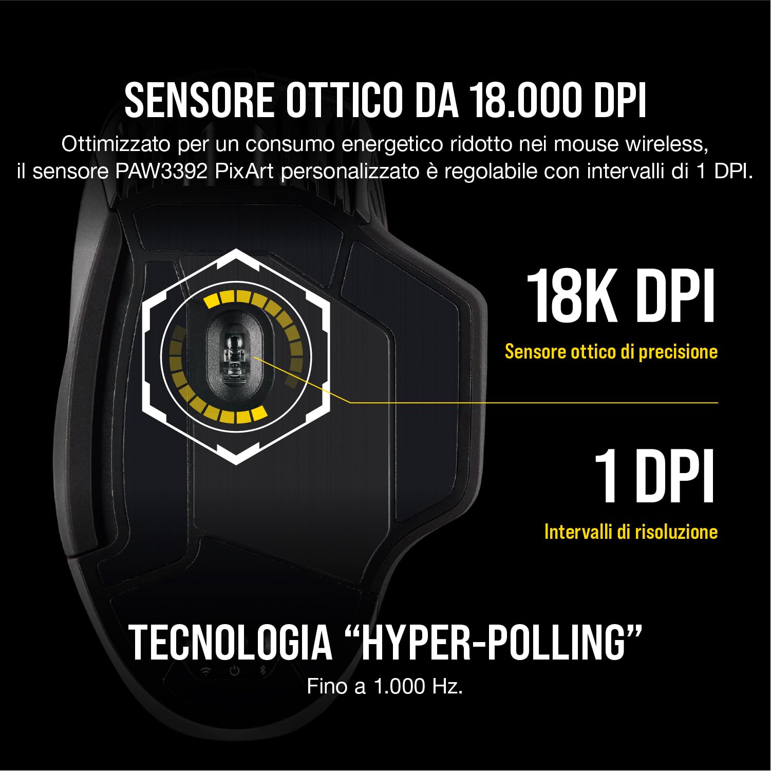 CORSAIR DARK CORE RGB PRO SE Mouse da Gioco FPS/MOBA Senza Fili con Ricarica Wireless Qi - 18.000 DPI - 8 Pulsanti Programmabili - Compatibile iCUE - PC, Mac, PS5, PS4, Xbox - Nero