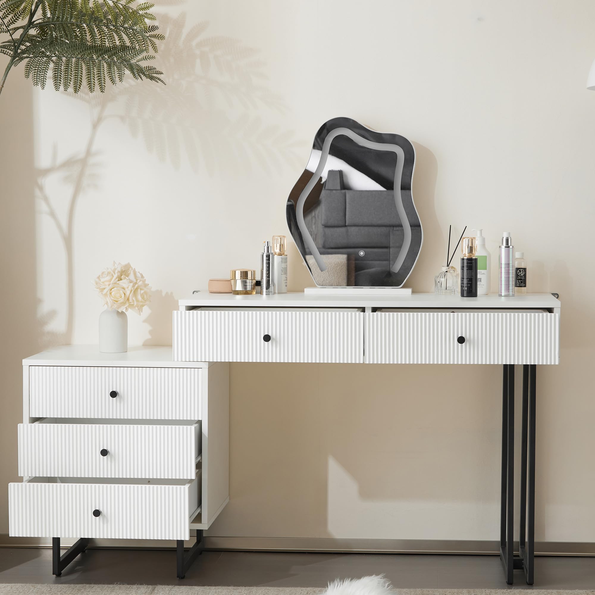 Toaletka 100 x 40 x 76 cm, biała – toaletka z lustrem LED i 5 szufladami, toaletka z funkcją ściemniania, elastyczny montaż, zabezpieczenie przed przewróceniem, do sypialni, garderoby