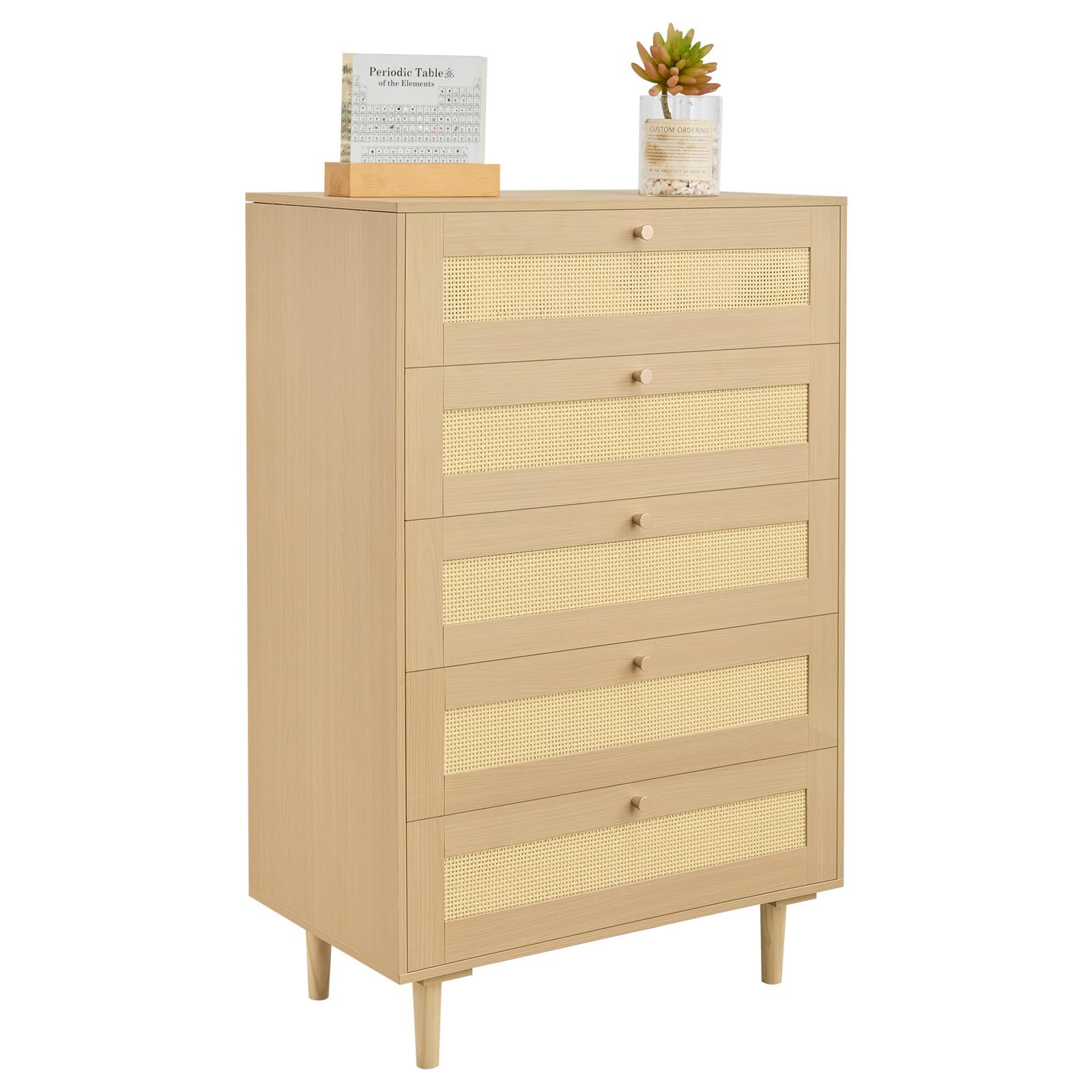 VEVOR 5 Drawer Rattan Dresser, 42" Tall Dresser for Bedroom, Boho Dresser Chest of Drawers with Gold Handles & Wooden Legs, Wood Clothing Storage