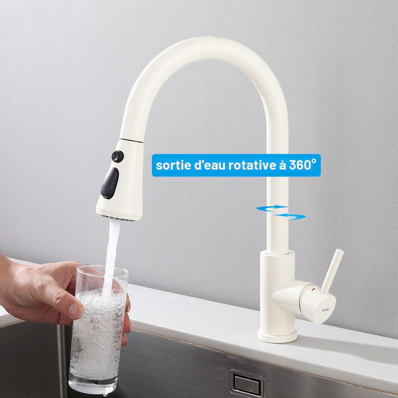 Robinet de Cuisine Blanc avec 3 Modes de Pulvérisation, Mitigeur Évier Extractible, Robinetterie Monocommande Rotatif à 360° en Acier Inoxydable SUS304, Cartouche Céramique