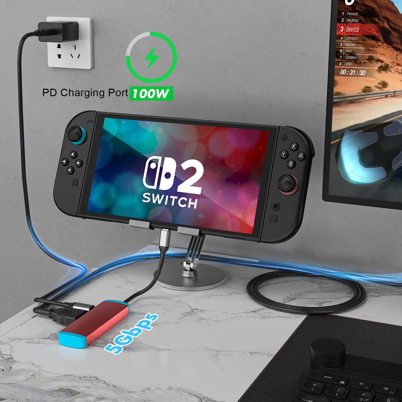 Adapter USB C na HDMI do Switch 2, stacja dokująca USB C z portem HDMI 4K przy 60 Hz, portem PD typu C, portem USB 3.0, zamiennik oficjalnego przełącznika 2, przełącznika, OLED, Steam Deck, Steam Deck