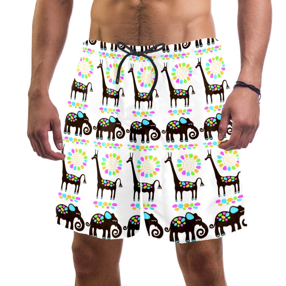 Eslifey Man Beach Shorts Giraffes and Elephants Swim Trunks Elastic Swimsuit Board Shorts for Men,L