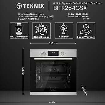 Teknix BITK264GSX 60cm Built-In Gas Oven – Integrated with 63L Capacity - LPG Convertible - Digital Timer Display - Double Glazed - Soft Close - Stainless Steel, W59.5 x H59.5 x D55.0 (cm) [Energy Class A]