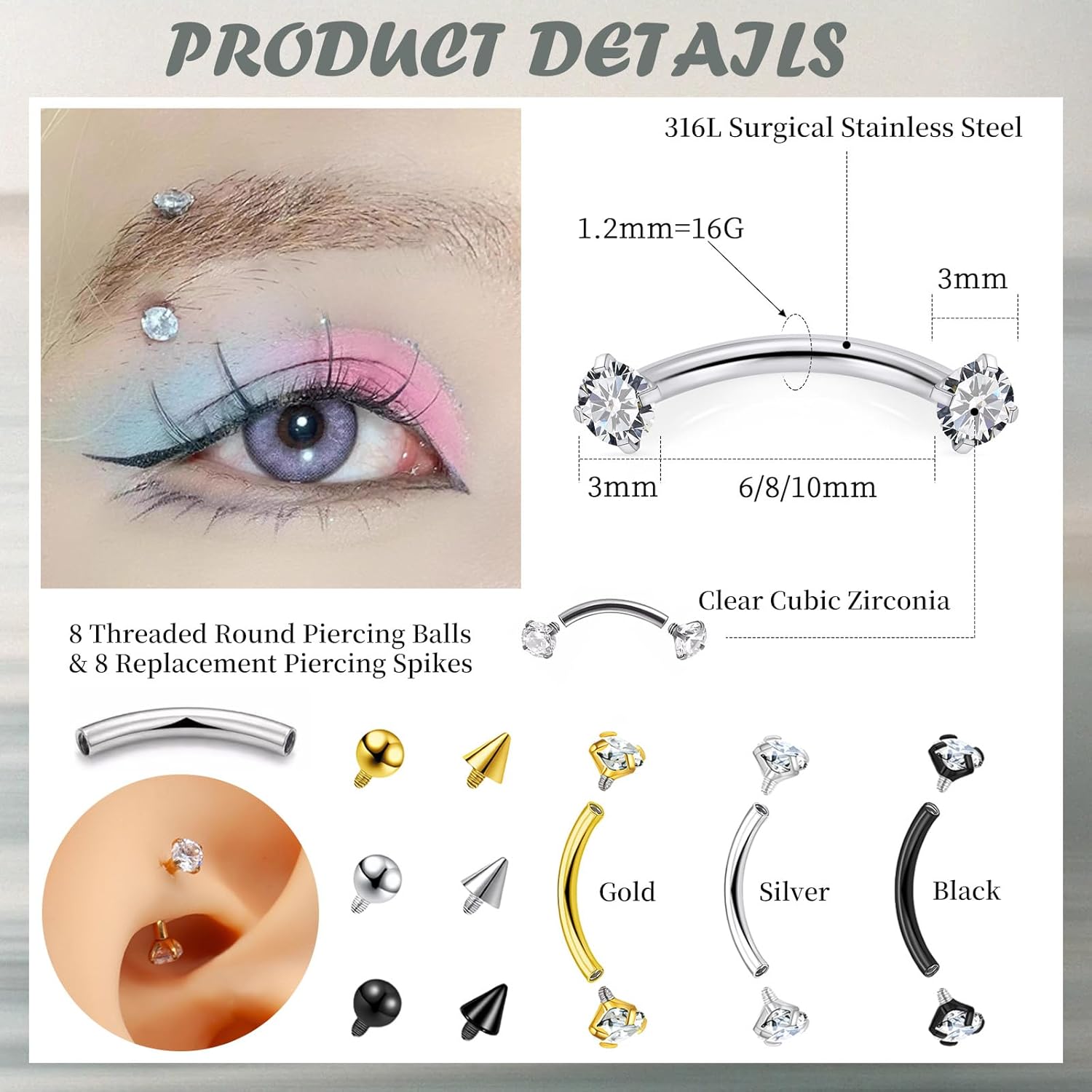 16G Eyebrow Piercing Jewelry Rook Earrings for Women Internal Thread Curved Barbell CZ Eyebrow Rings Vertical Labret Lip Jewelry Ear Rook Stud Small Tiny Belly Button Ring 6mm/8mm/10mm - Image 6