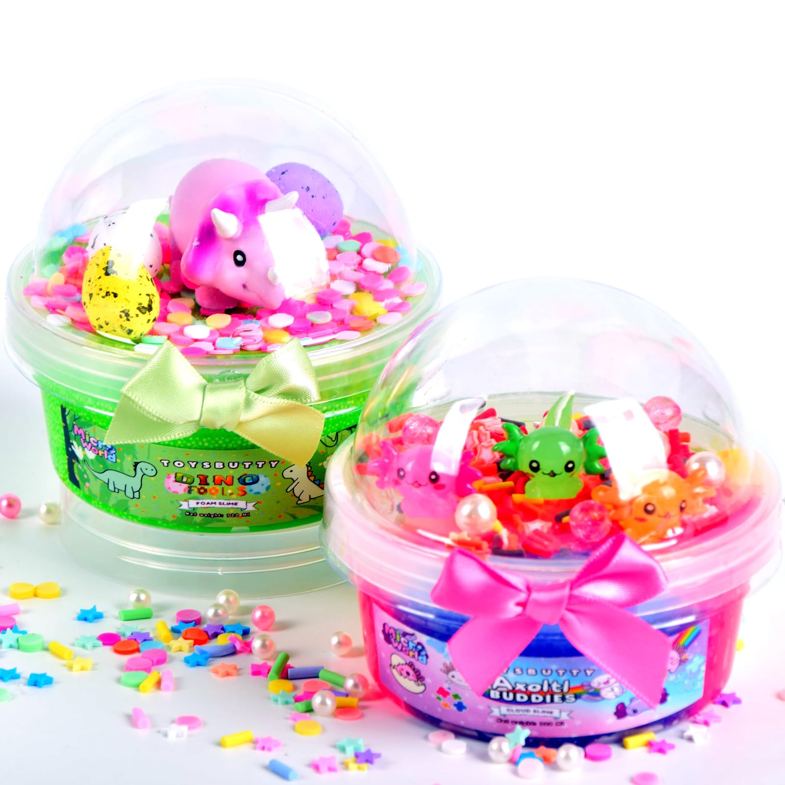 ToysButty 2 Pack Axolotl Cloud Slime＆Foam Slime Set, Duftend Bunter Schleim mit leuchtenden Mini-Tierchen im Dunkeln Perfekt als Partygeschenk Mitgebsel Kindergeburtstag für Mädchen & Jungen