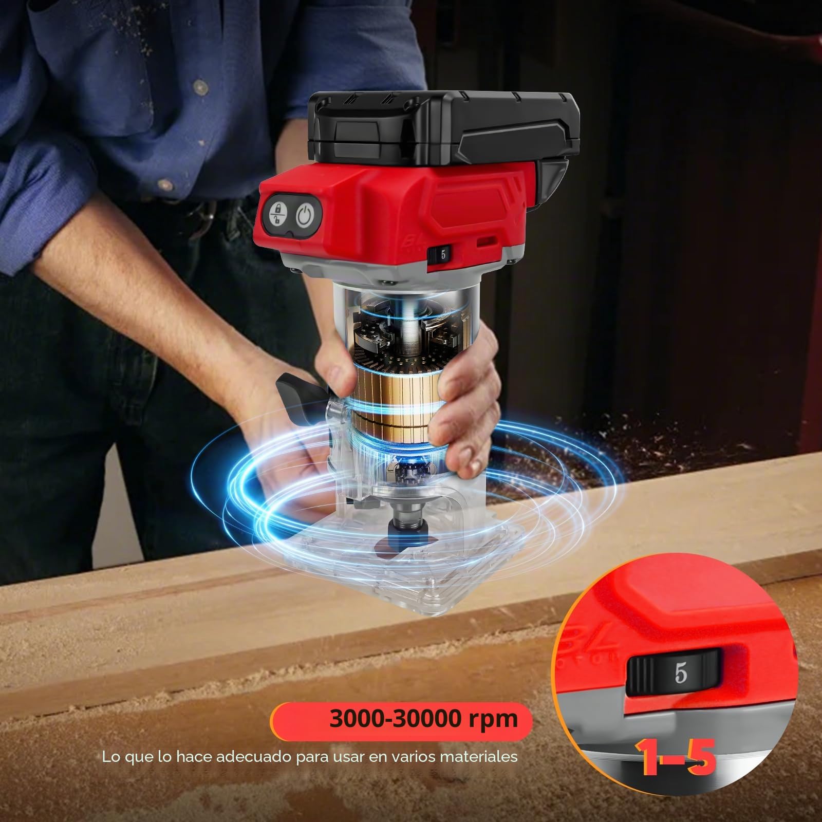 Fresadora con batería compatible con batería Milwaukee de 18 V, 800 W sin escobillas, router con 5 marchas, 30000 rpm, 5 unidades de 1/4 de cuello ranurado para carpintería, corte (sin batería)