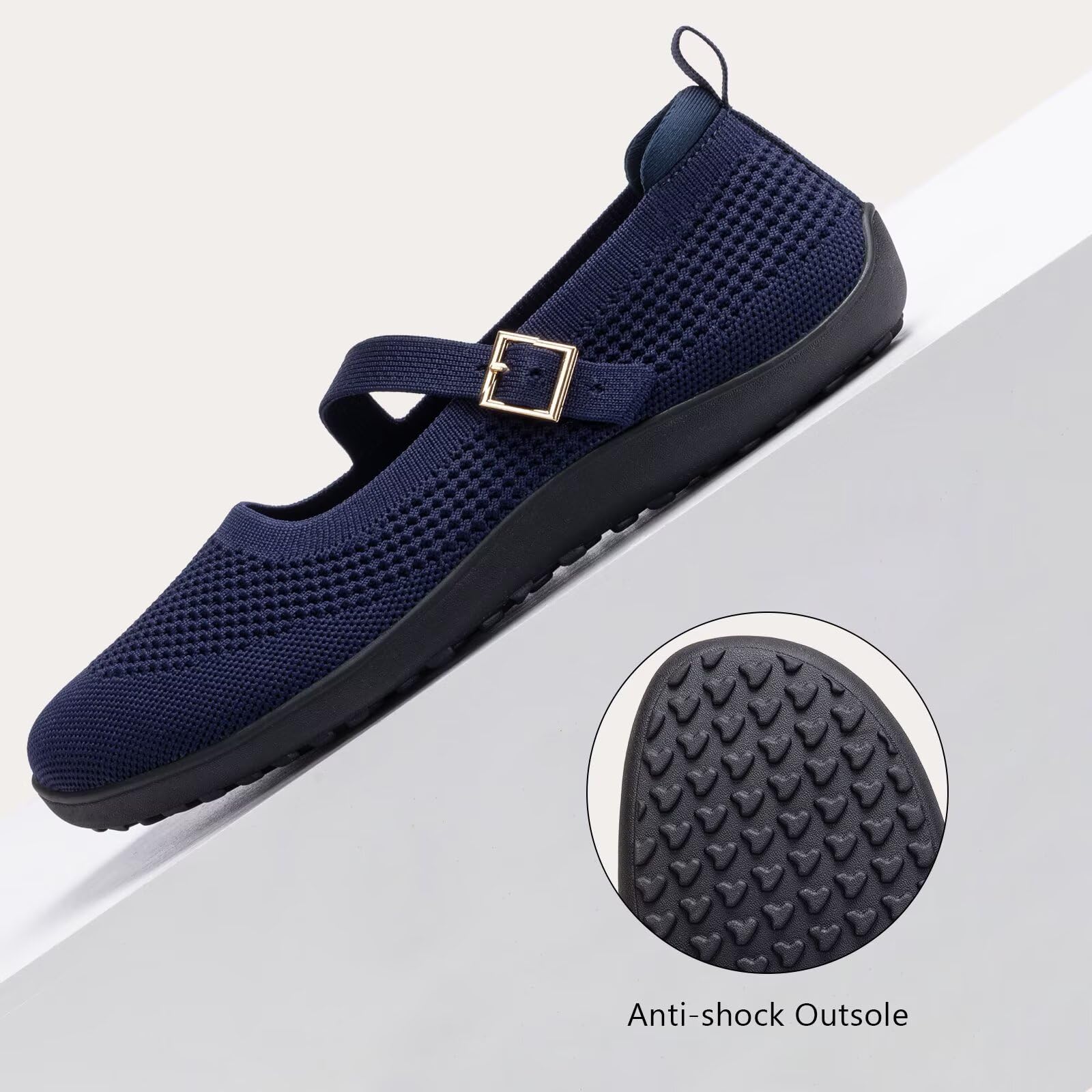 Frank Mully Bailarinas de mujer de talla grande Mary Jane para mujer, cómodas zapatillas de punto con puntera ancha y correas ajustables