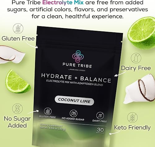 Miniatura 6 de Hydrate + Balance - Paquetes de electrolitos en polvo  Paquetes de hidratación veganos y sin azúcar con 6 vitaminas B y adaptógenos  Bebida de coco