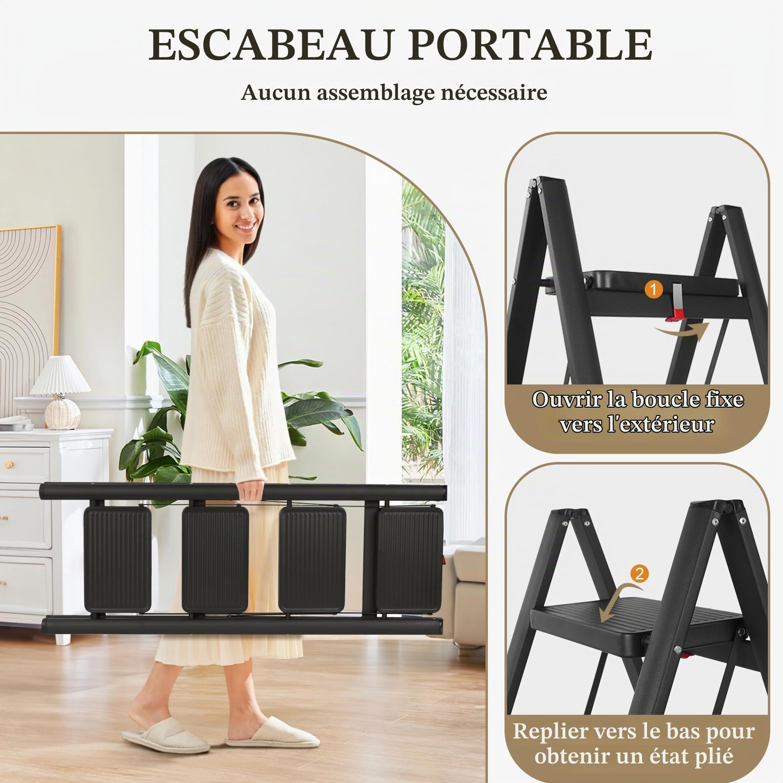 Escabeau 4 Marches Pliable, Marche Pied Pliant avec Pédales Antidérapantes, Échelle pour Maison Cuisine Bureau, Gain de Place, Charge Maximale 150 kg, pour la Maison, Cuisine, Placard et Bureau.