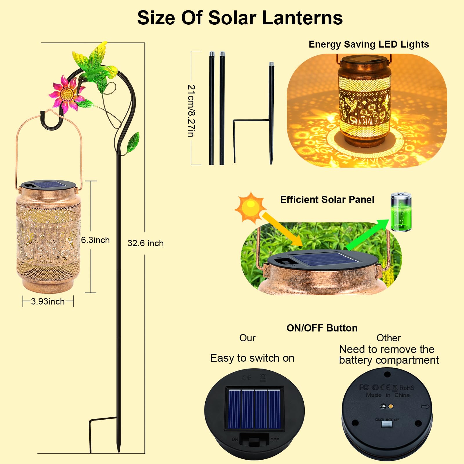 2 sztuki lampionów solarnych kolibrów na zewnątrz wodoodporne solarne dekoracje ogrodowe, prezenty urodzinowe dla kobiet, mamy, babci, metalowe wiszące lampy solarne z haczykiem owczarkowym na