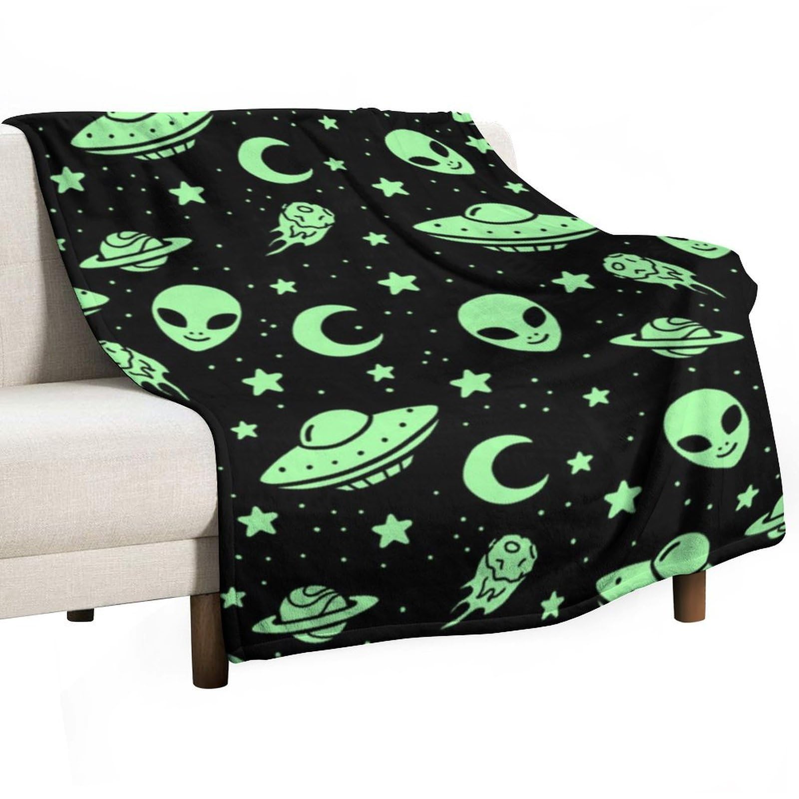 Hxwokrum Flannel Blanket, Green Alien Moon UFO Throw Blanket for Couch Sofa Bed Office, Soft And Comfortable Without Pilling