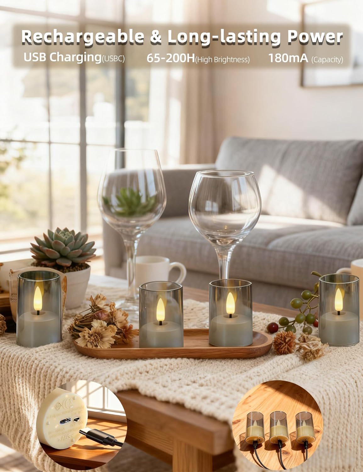 Rechargeable Acrylic Flameless Candles with Remote Timer, Flickering Warm White Tealights, Ideal for Home Decor Weddings Parties, Restaurants(Gray,Set of 6) - Image 3