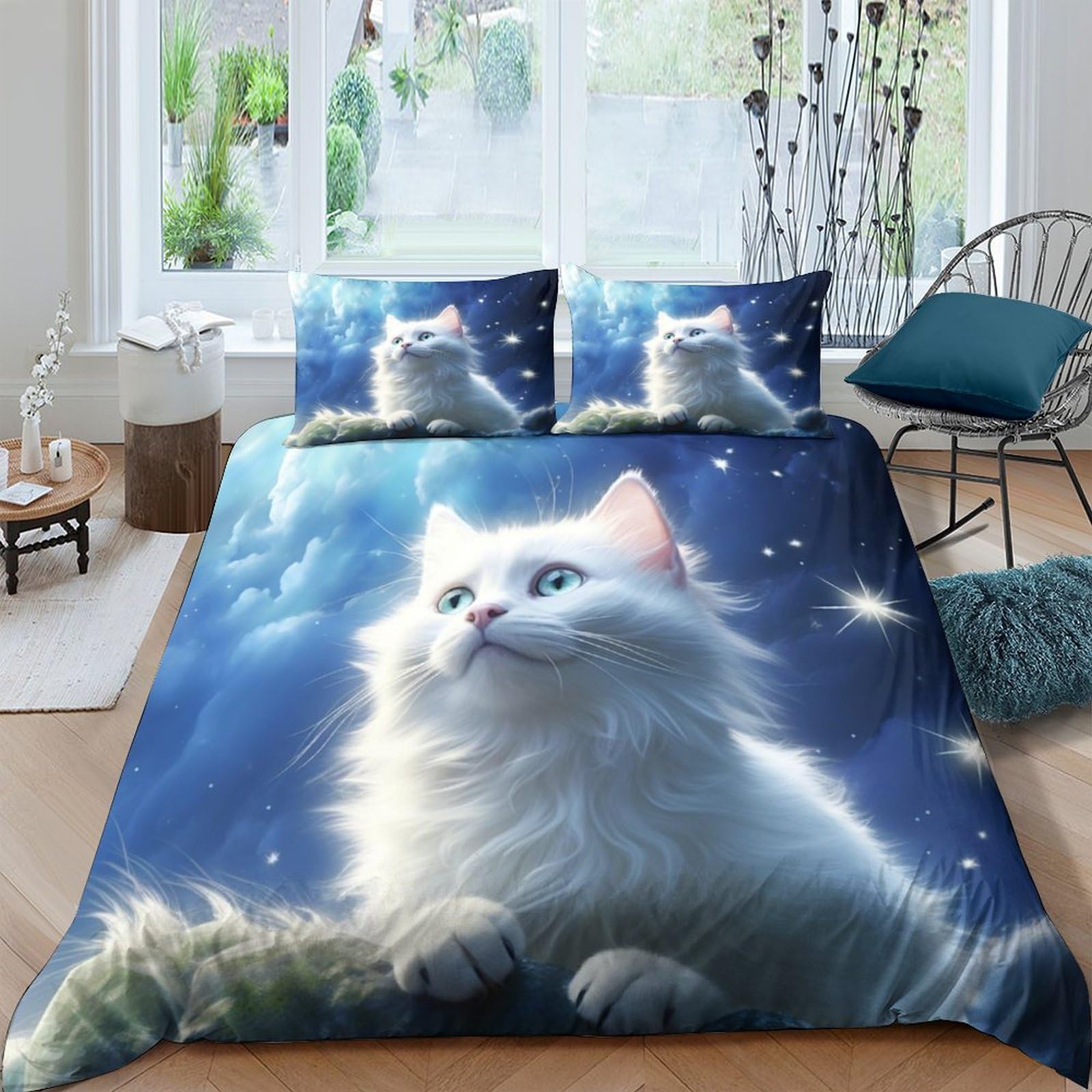 Star Cat Duvet Cover Set Soft Microfiber Bedding Set for Adults Teenager Kids 3 Piece Set with Zipper Closure for Home Decoration Quilt Cover Double（200x200cm）