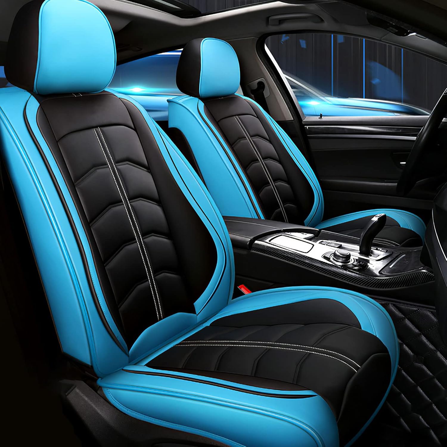 Car Seat Cover for 2 Seats Jeep Wrangler JK 2018, Durable Wear Resistant Waterproof Seat Cover, Breathable Premium Leather Vehicle Interior Accessories.(Standard 2 Seats,Black Blue)