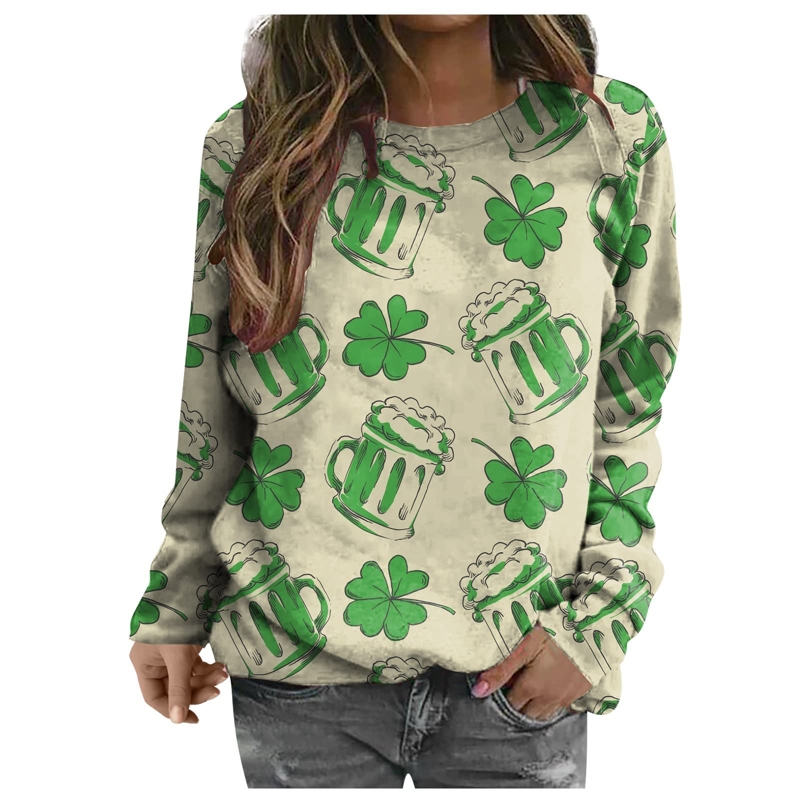 Saint Patricks Day Shirts Women Funny Long Sleeve Shamrock Tops for Women Crew Neck Comfort Pullover Graphic Tees