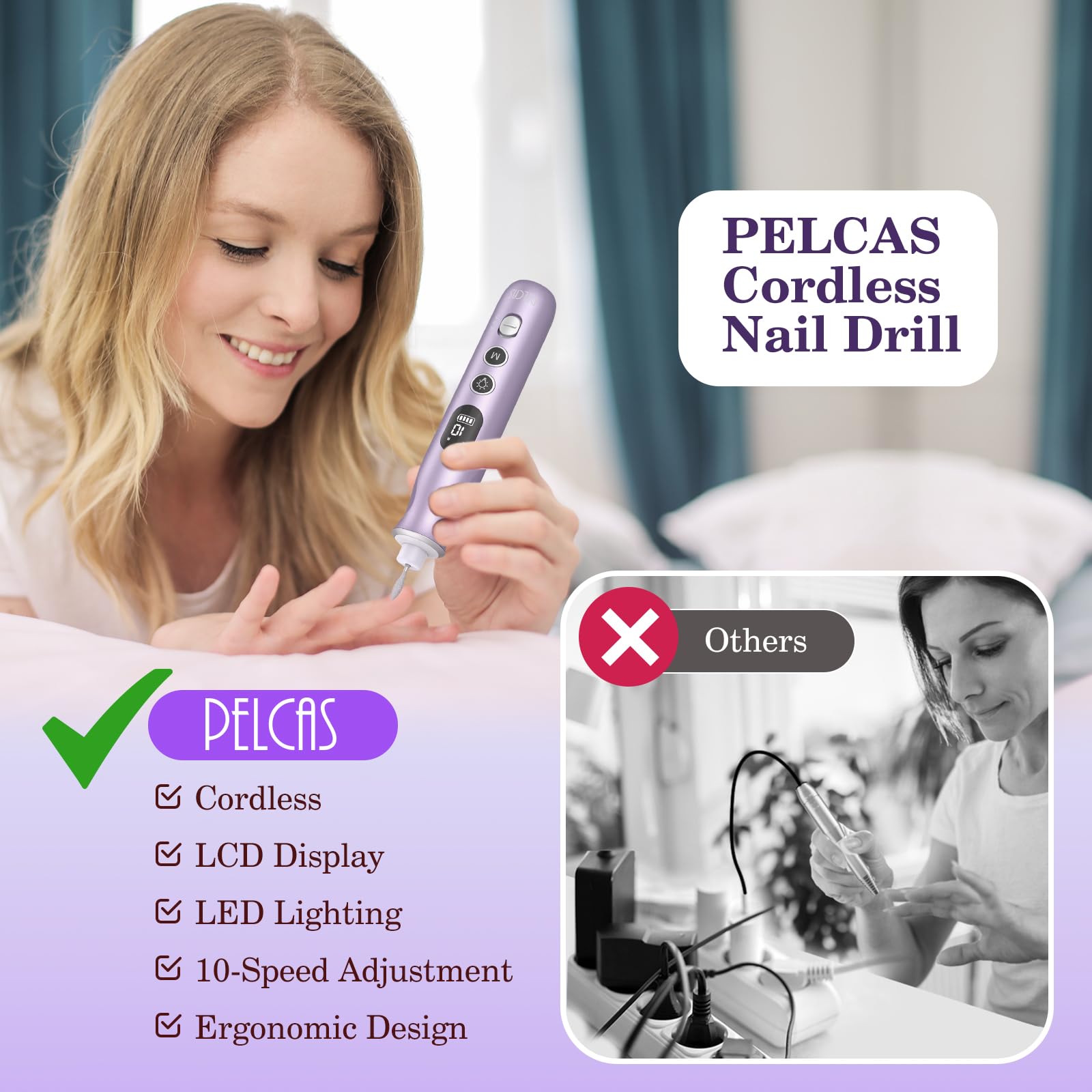 PELCAS Electric Nail Drills, 10 Speeds Cordless Nail File with LED Light, Portable Manicure & Pedicure Kit, Nail Grinder with LCD Screen for Human, Pet, Thick Toenails, Natural & Acrylic Nails Purple - image 3