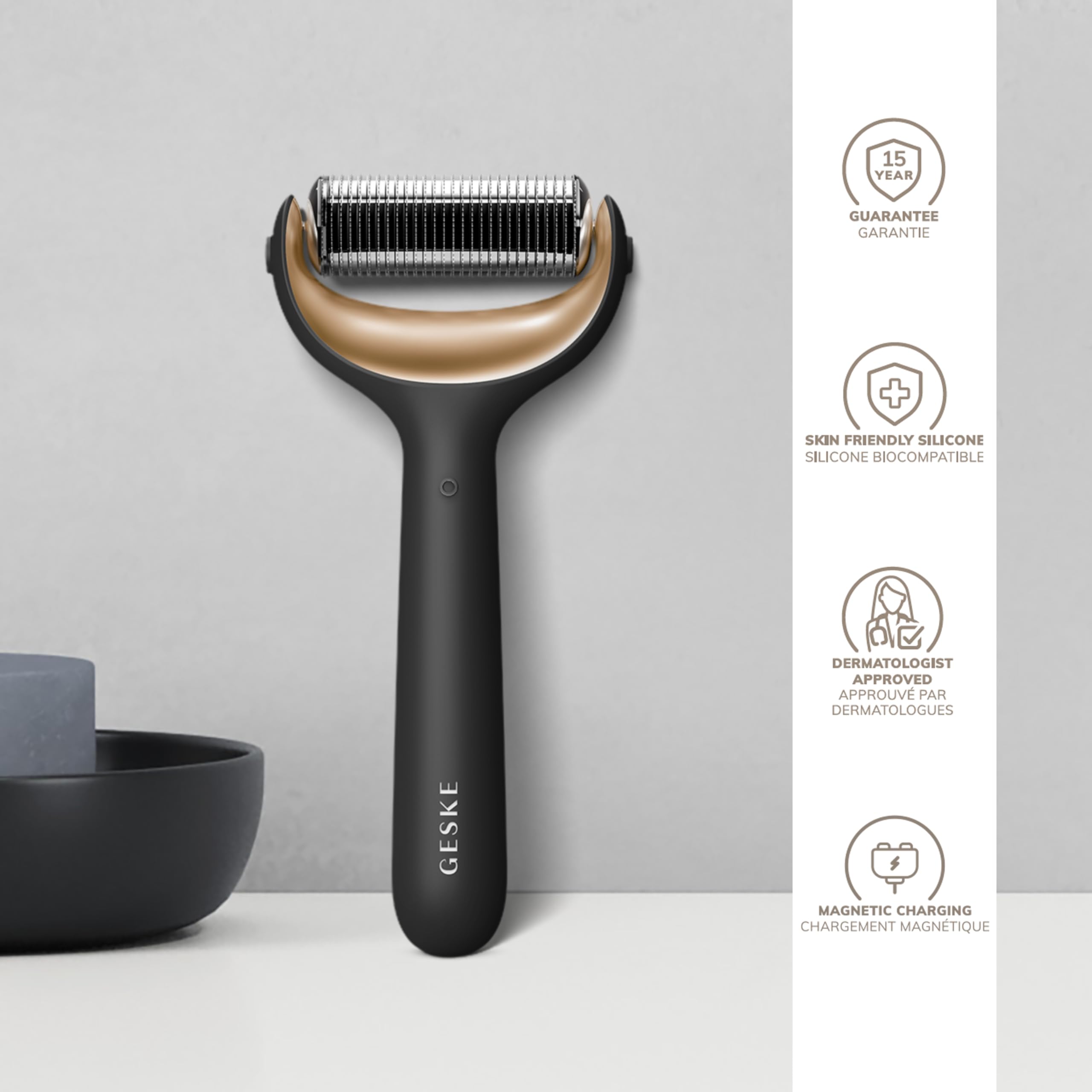 GESKE | SmartAppGuided™ MicroNeedle Face & Body Roller | 8 in 1 | Derma Roller | Elektrisches Microneedling | Nadelroller | Needleroller | Beauty Roller für Gesicht und Körper | kühlender Aufsatz
