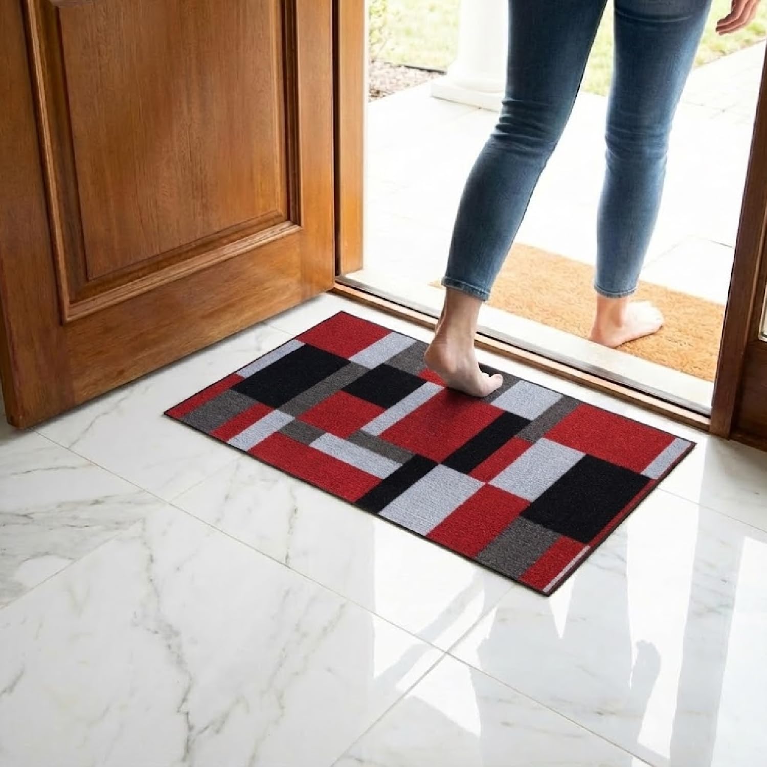 Fit Even Kilas Door Mat - Non-Slip Washable Doormat, Suitable for Indoor/Outdoor Use, Heavy Duty Dirt Trapper and Water Absorbent (Red Black, 50 x 80 cm)