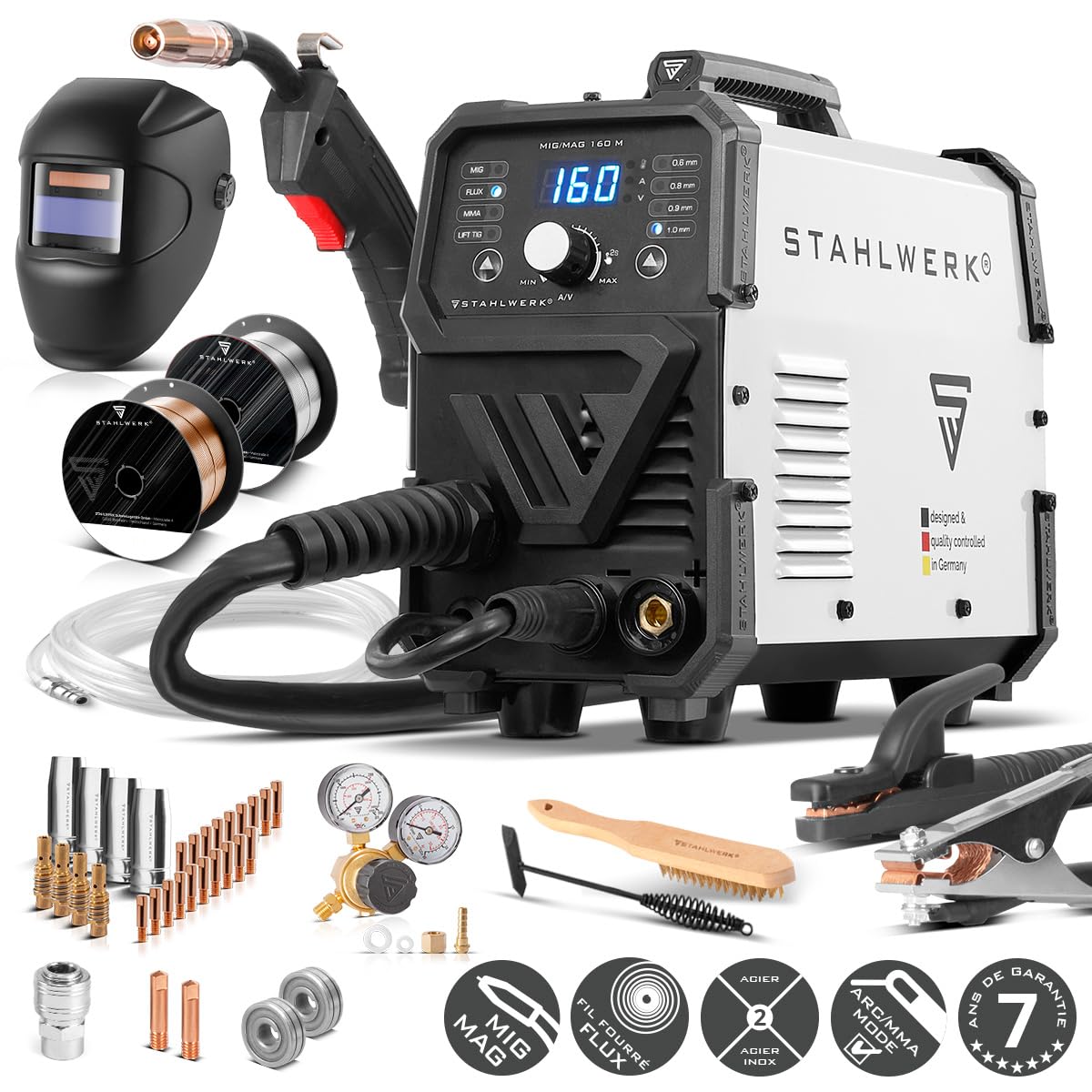 STAHLWERK Poste à Souder MIG/MAG 160 M – Kit complet – Onduleur Combiné 5-en-1 Compact de 160 A pour FLUX (Fil Fourré), MMA (ARC) & Lift-TIG (DC), Seulement 6,8 kg, Hotstart et Anti-Stick