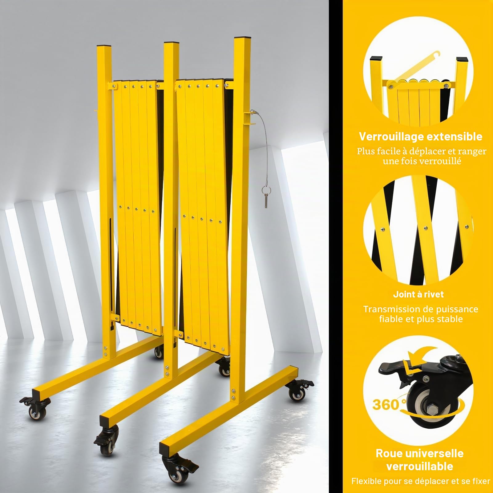 Grille Industrielle Extensible pour l'extérieur, 5 m Jaune et Noire, chaînes de barrière Mobile Extensible avec roulettes (1, 5m)