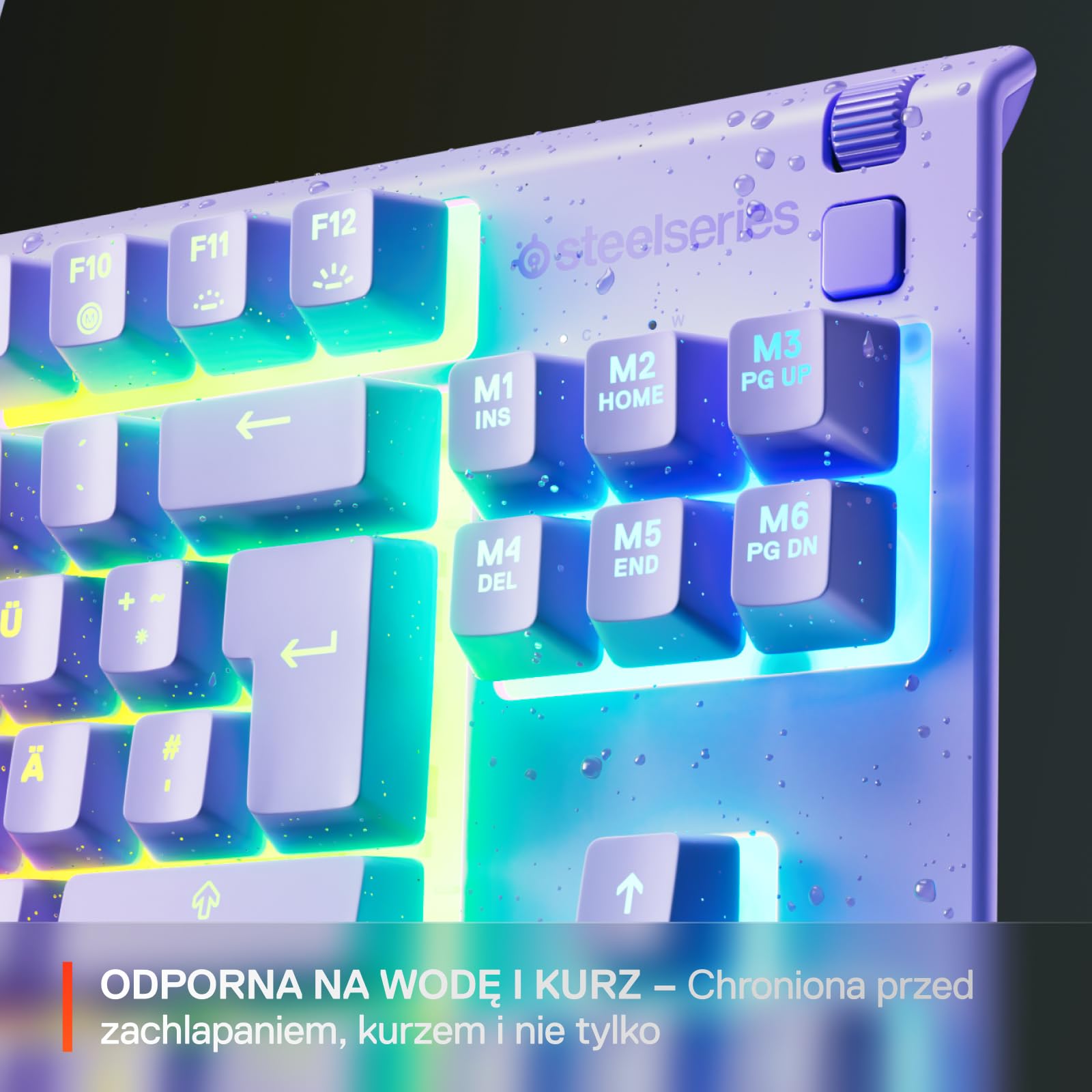 SteelSeries Apex 3 TKL Lawendowa RGB - klawiatura dla graczy – Obudowa bez części numerycznej – 8-strefowe podświetlenie RGB –Odporna na wodę i kurz –Niezwykle cichy przełącznik mechaniczny -UK QWERTY