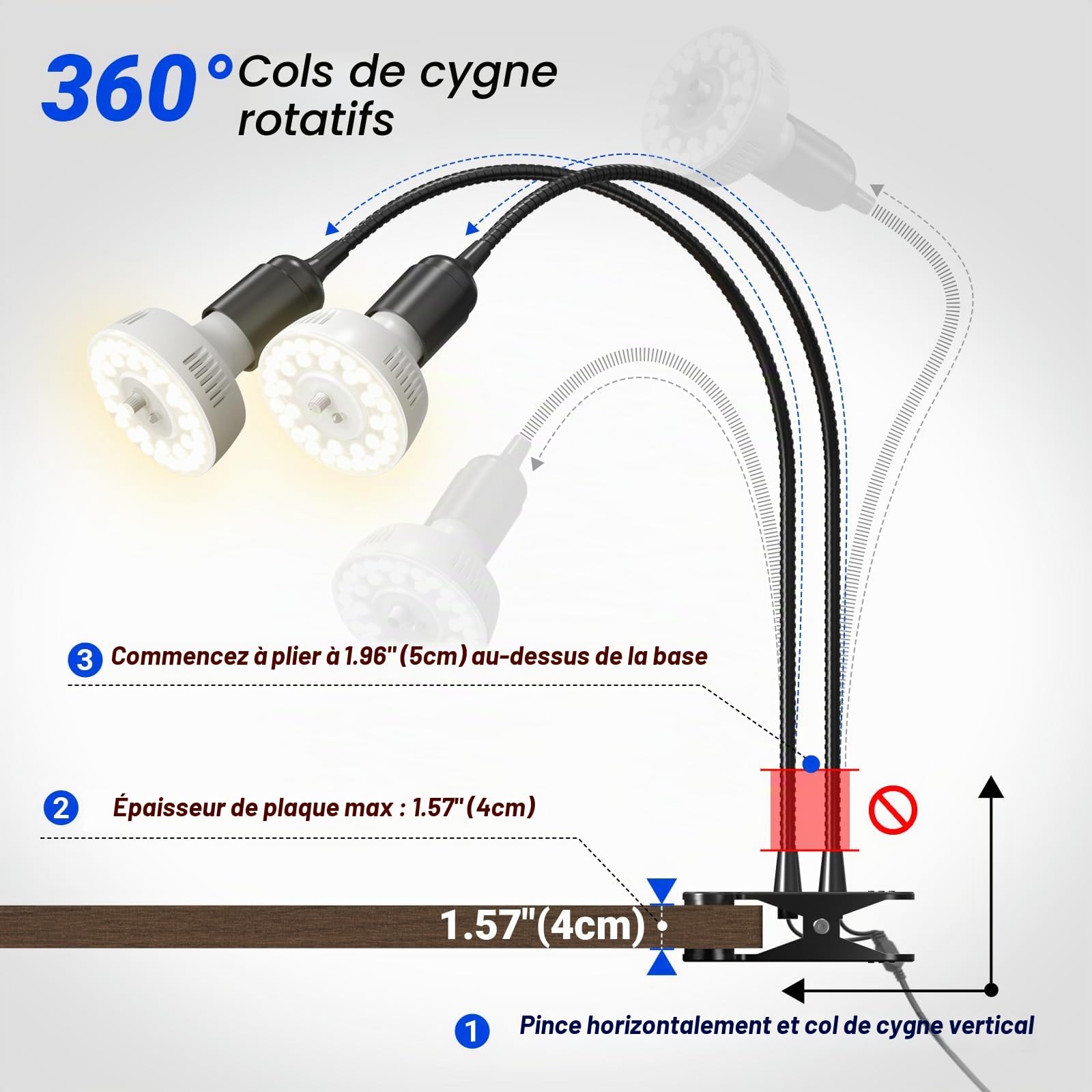 Barrina Orbgrow OG11A2 Lampes Horticoles à Pince, 4000K 22W, 2Bras Flexible