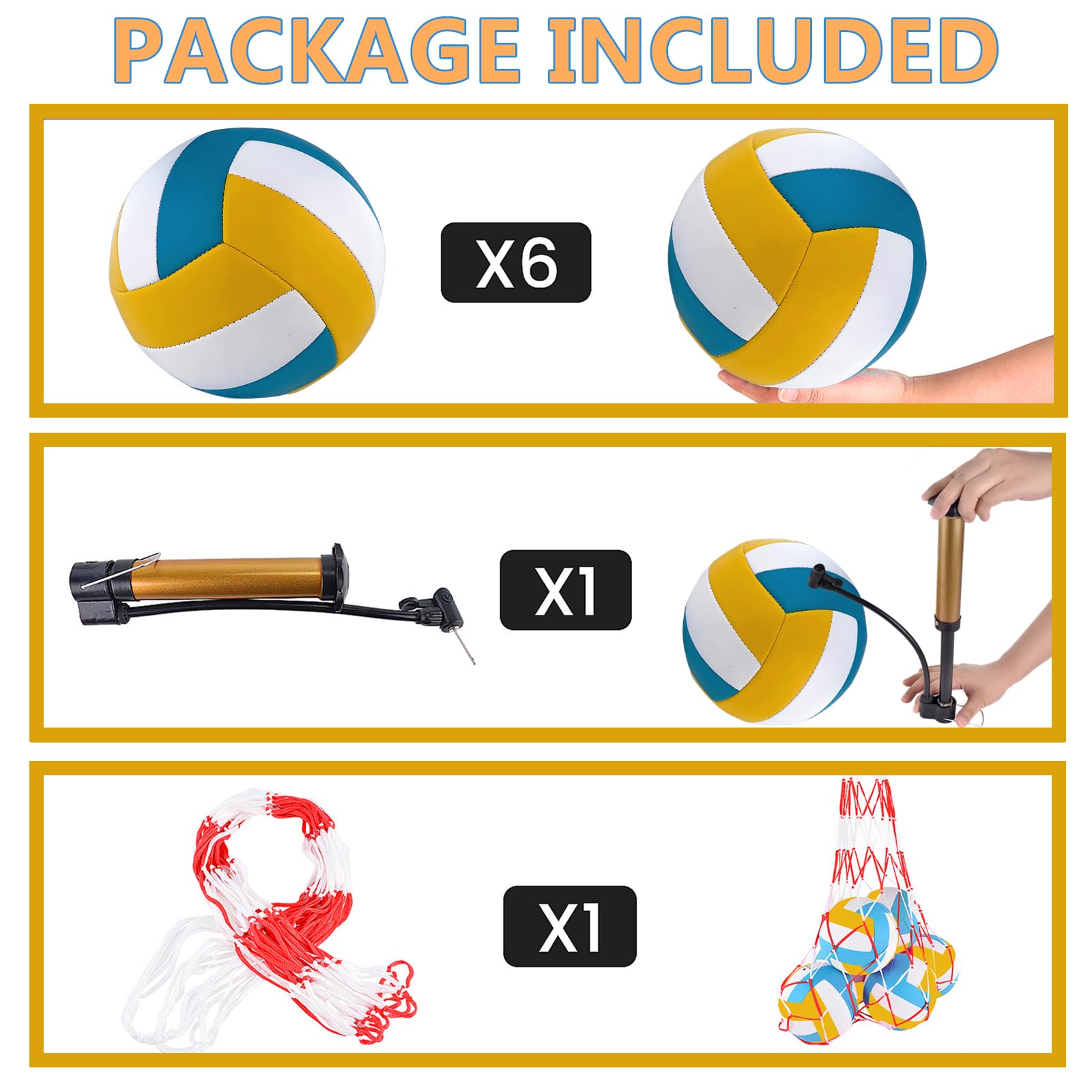Paquete de 6 pelotas de voleibol, tamaño oficial 5, impermeables, suaves, a granel, con bomba y bolsa de red para interiores y exteriores, playa, arena, agua, piscina, partido de entrenamiento para