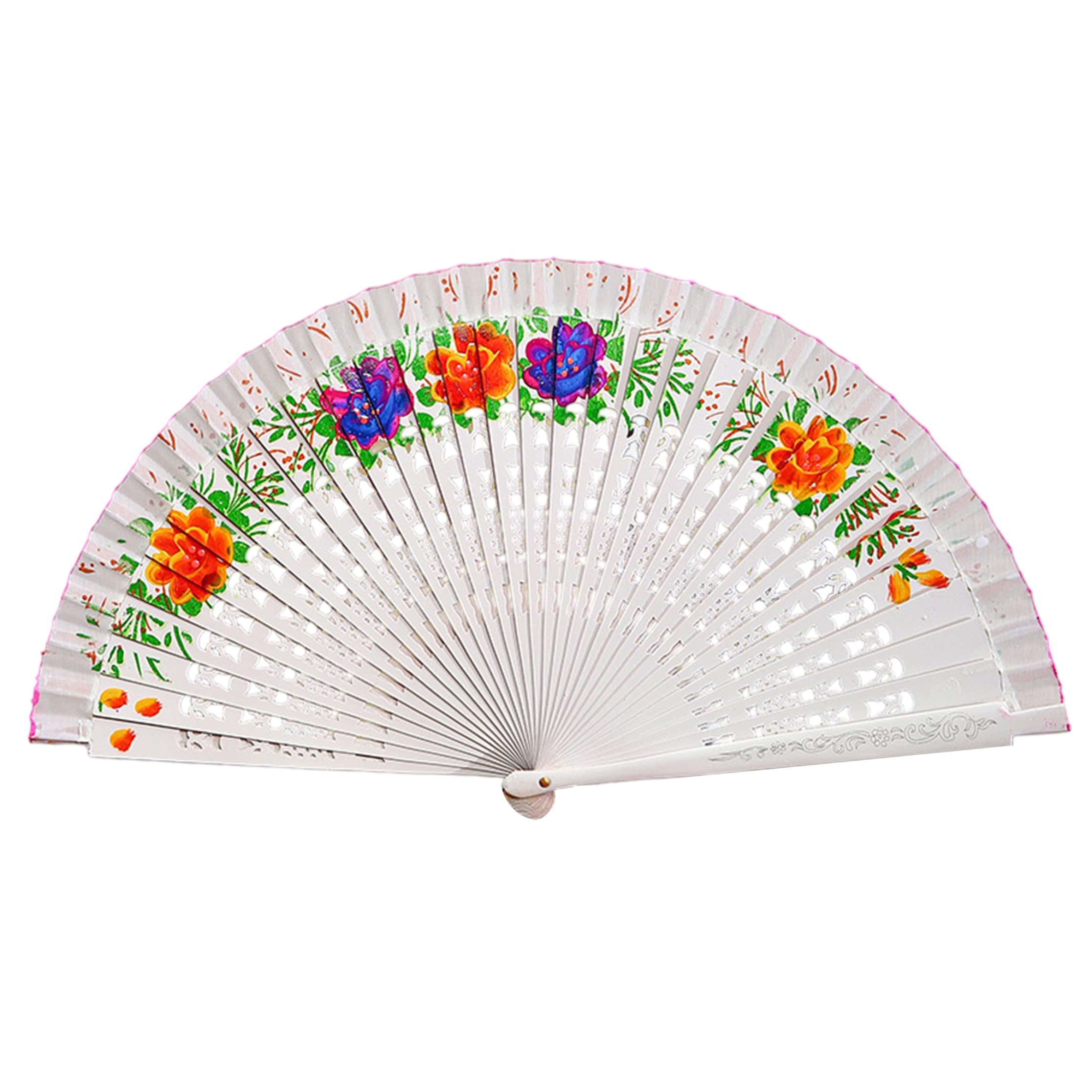 Bemonew Decorative Fan Hand-painted Double-sided Foldable Hand Fan With Hollow Lotus Wood Ribs for Dance Festival Decoration, Wedding, Party (white)