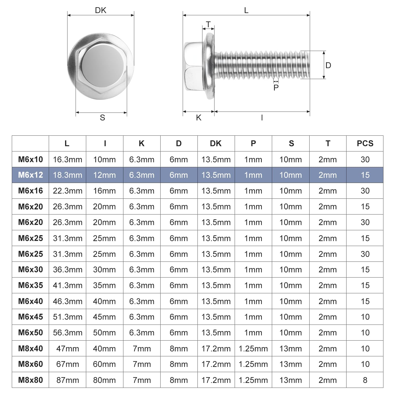Nuts OT nuts 15 PCS M6 Bolts Silver M6x12mm 304 Stainless Steel Bolts Hex Serrated Flange Bolt Screws Hex Flange Bolt Serrated Flange Anti-Loosening for Machine Tools Furniture Assembly DIY - Image 2