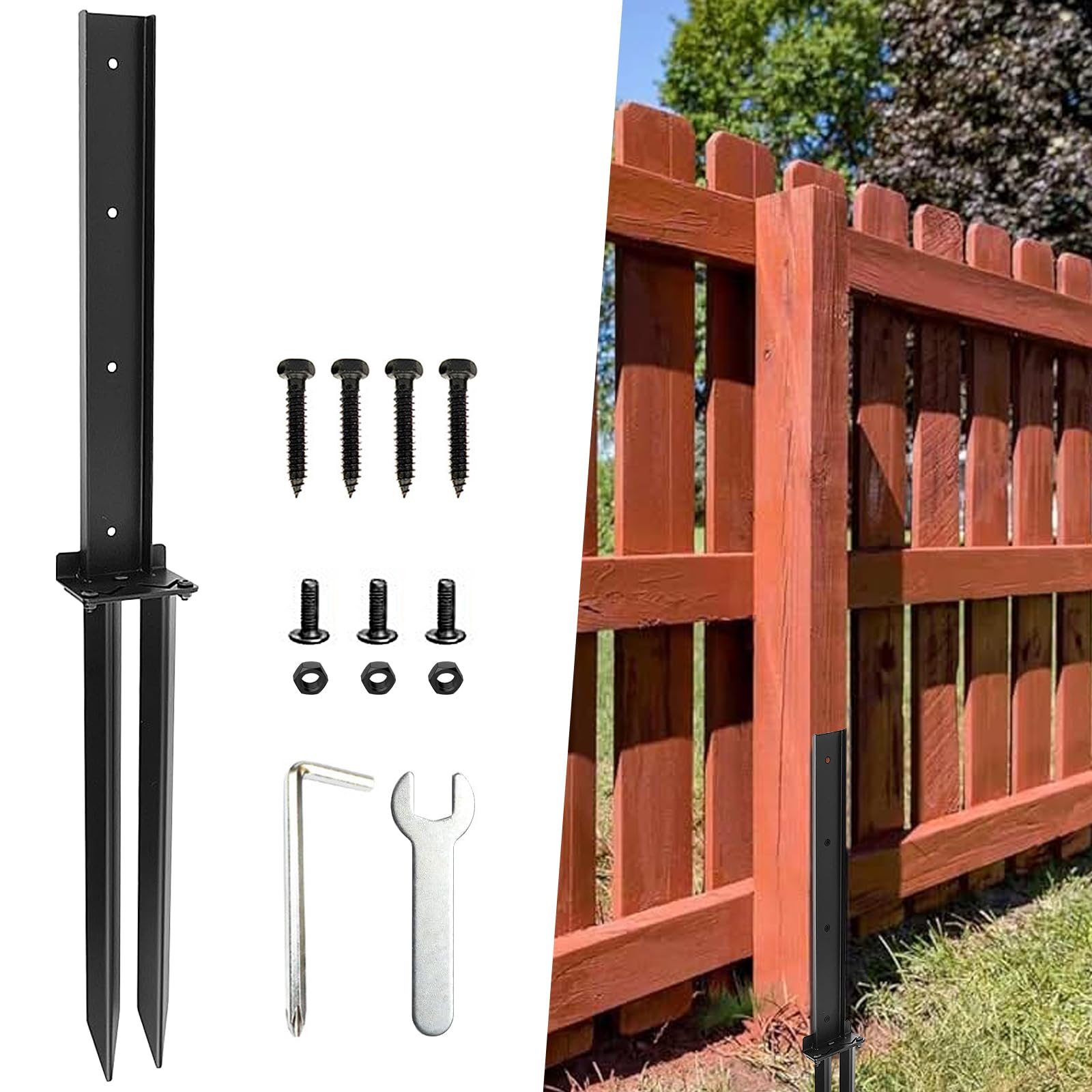 Vegena Black Fence Post Repair Kit, Heavy Duty Fence Repair Kit, Fixer Anchor Ground Spike, Metal Fences Post Nails For Reinforcement & Tilting/Broken Posts