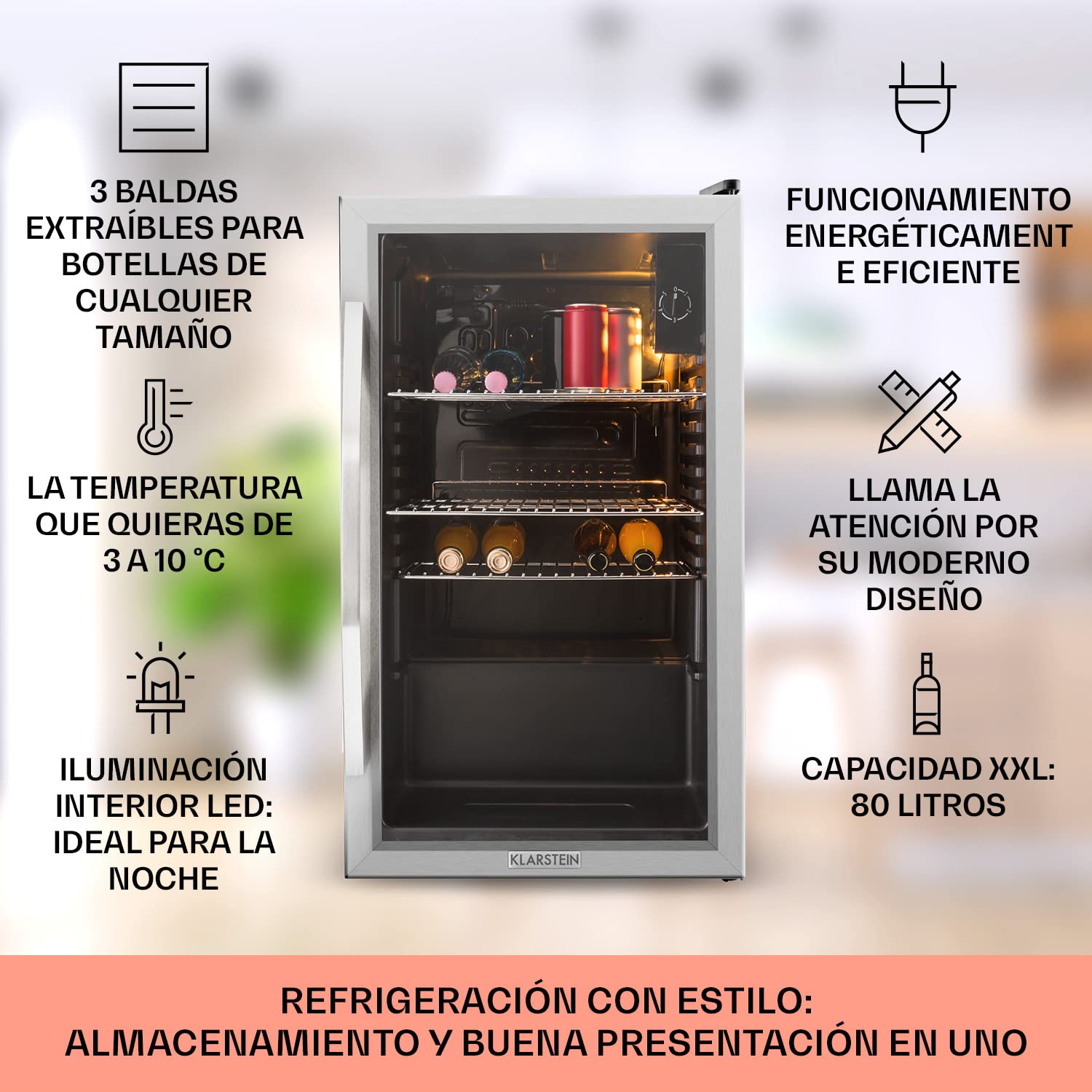 KLARSTEIN Mini Nevera Pequeña con Puerta de Cristal para Habitaciones, 80 L, Frigorifico Portatil Electrico con Estantes para Bebidas