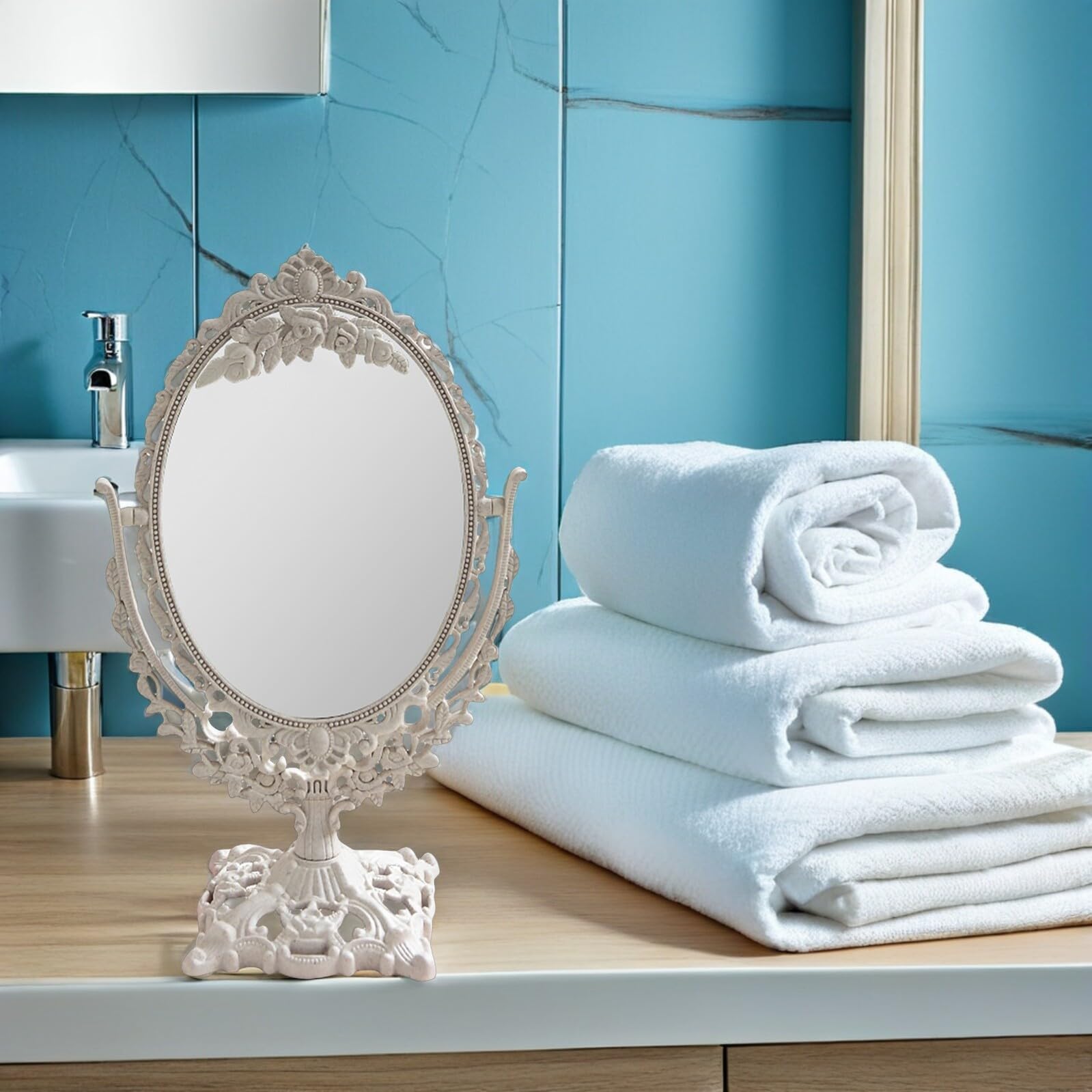 Garneck Tavolo Specchio 360 ° Rotazione Vintage Portatile Tabletop Make- Up Specchio Doppio Lato Stand Vanità per Bagno Camera Da Letto Dressing