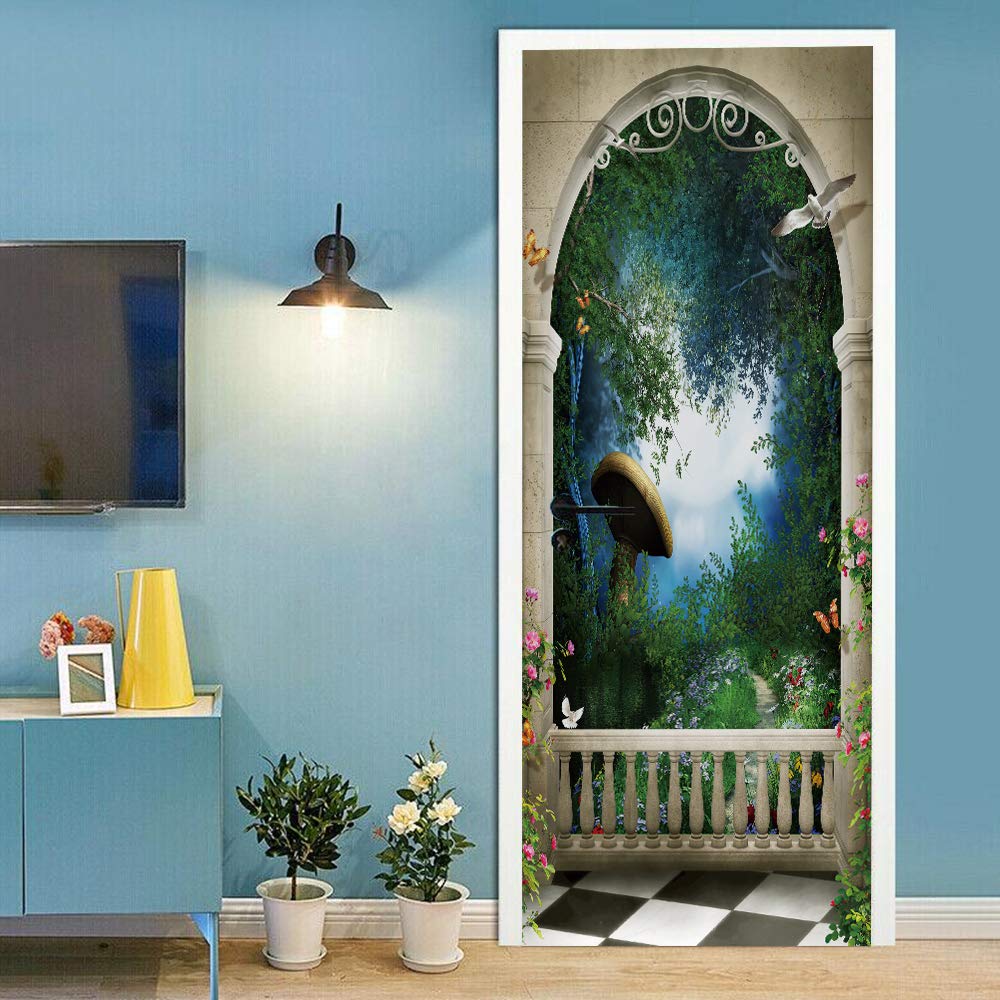 Sticker porte trompe l'oeil forêt étanche et amovible pour décoration
