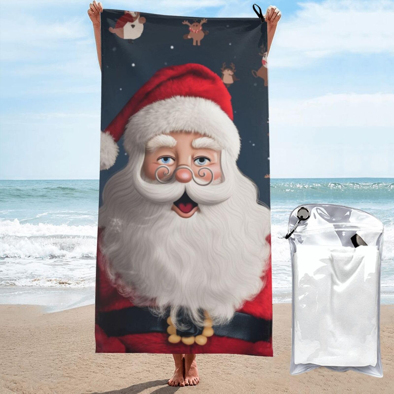 BWWHCCTI Santa Claus Christmas Printed Microfiber Quick Dry Beach Towel 70x140 CM, Fast Drying Bath Towels with Bags for Travel,Camping,Gym,Beach,Swimming,Yoga