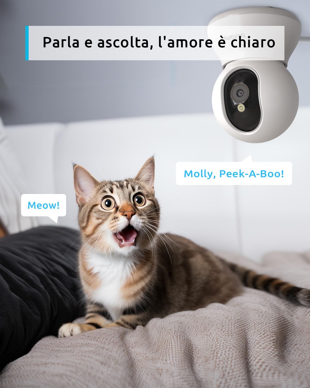 blurams Telecamera Wi-Fi Interno,2K Videocamera Sorveglianza,Rotazione a 360°,Visione Notturna, Rilevamento di movimento/suono AI, Archiviazione Cloud O Locale, 5G/2.4G (Bianco–2K)
