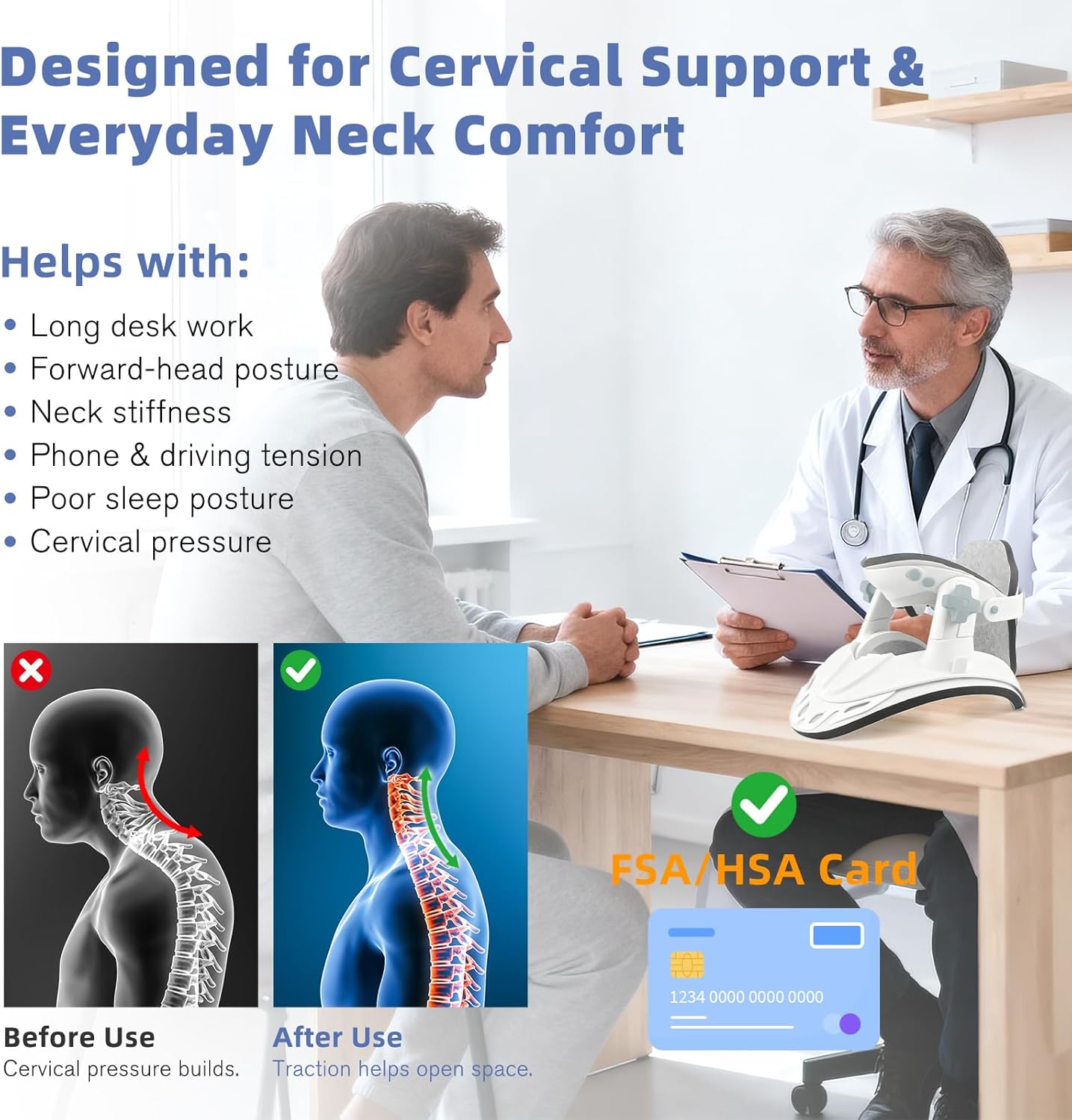 Neck Stretcher Cervical Traction, Adjustable Cervical Neck Traction Device, Neck Braces for Neck Pain and Support with 3 Power Traction for Home Use, Neck Decompression - FSA Eligible(White) - Image 3