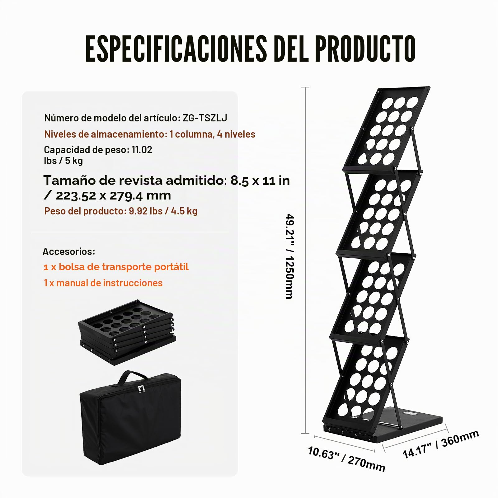VEVOR Expositor Plegable para Revistas Soporte de Exhibición de Folletos 4 Niveles Estante Portátil para Folletos con Bolsa de Transporte para Exposiciones de Oficina, Ferias Comerciales, 4 Bolsillos