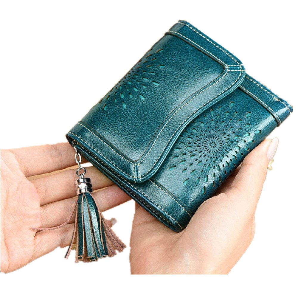 New women wallet female short paragraph retro oil wax cowhide wallet trifold small wallet(Peacockblue)