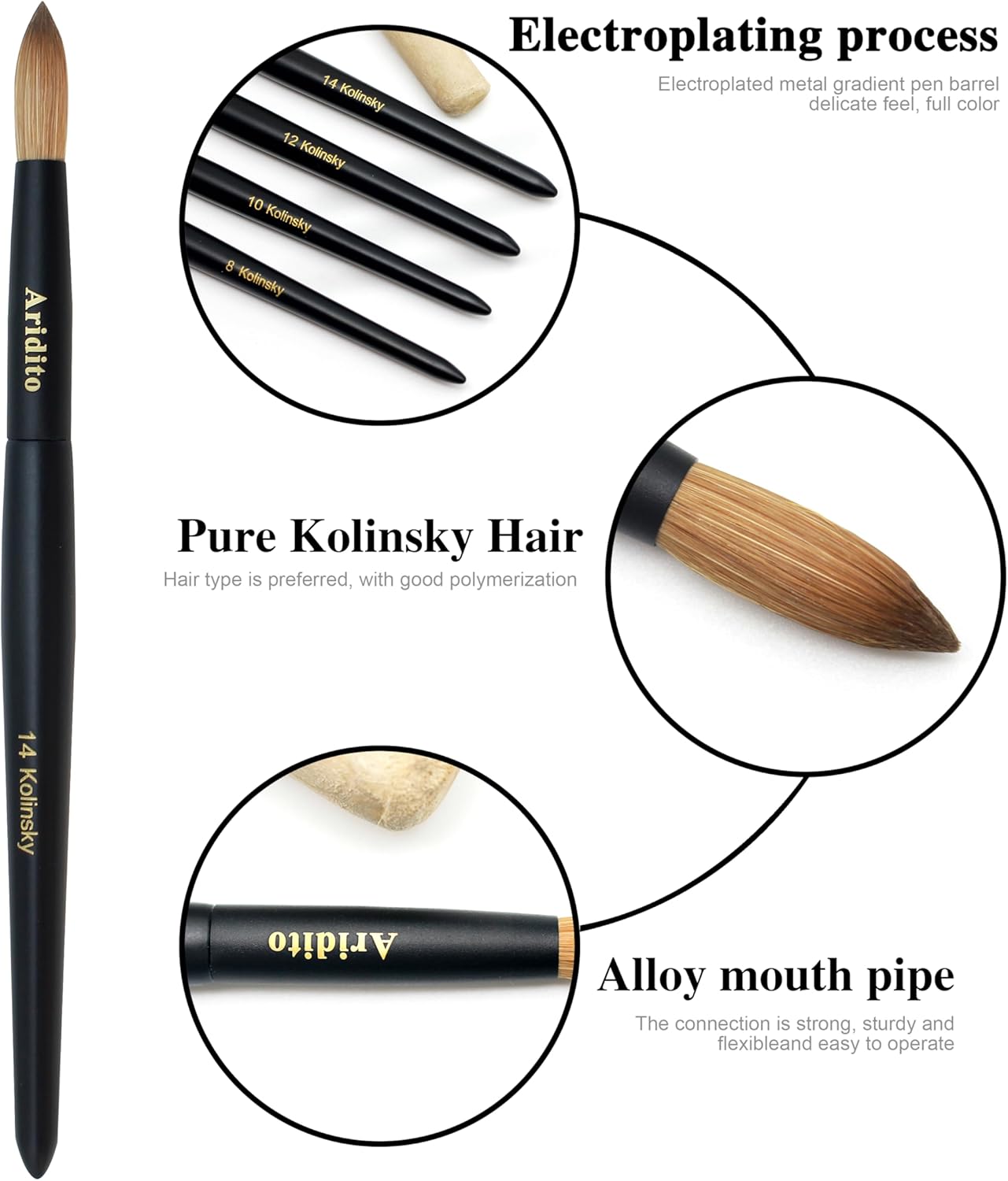 Kolinsky Round Head Acrylic Nail Art Brush Set, Black Wooden Handle, Silver Metal, Size 8 10 12 14 16 18, for Professional Manicure DIY Home Salon (16# Kolinsky)