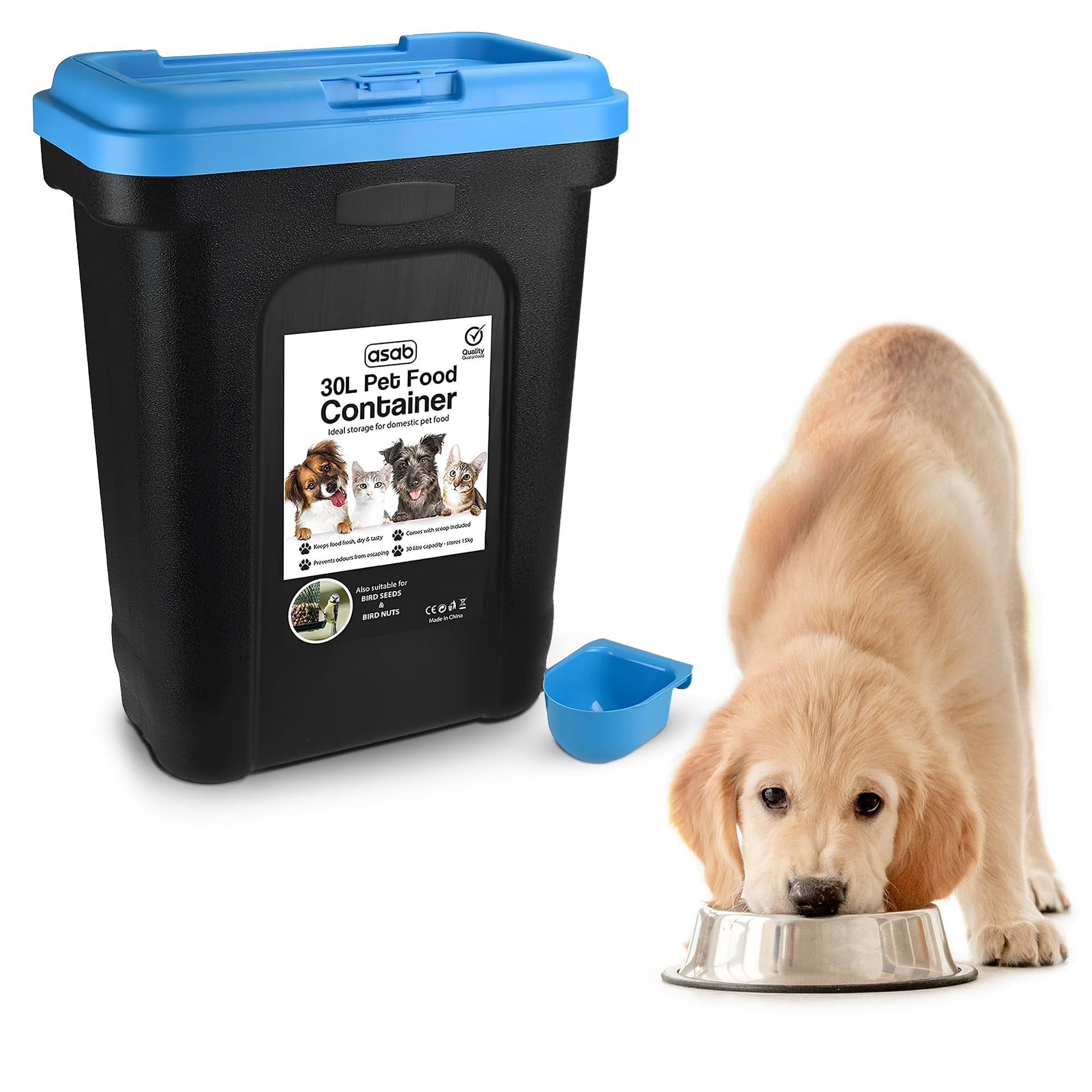 Asab Blue Dry Pet Food Storage Container-Top Flip Bin Lid With Scoop-Large, Standard