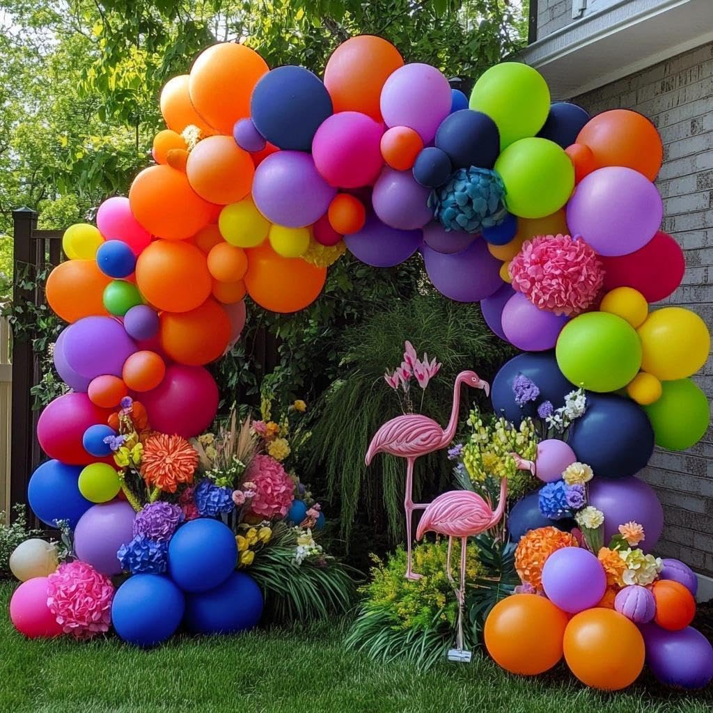 Colorful Balloon Garland Kit - Double Stuffed Pastel Pink Orange Yellow Green Balloons Navy Blue and Purple Pastel Balloon Arch for Birthday Baby Shower Fiesta Unicorn Princess Party Decoration