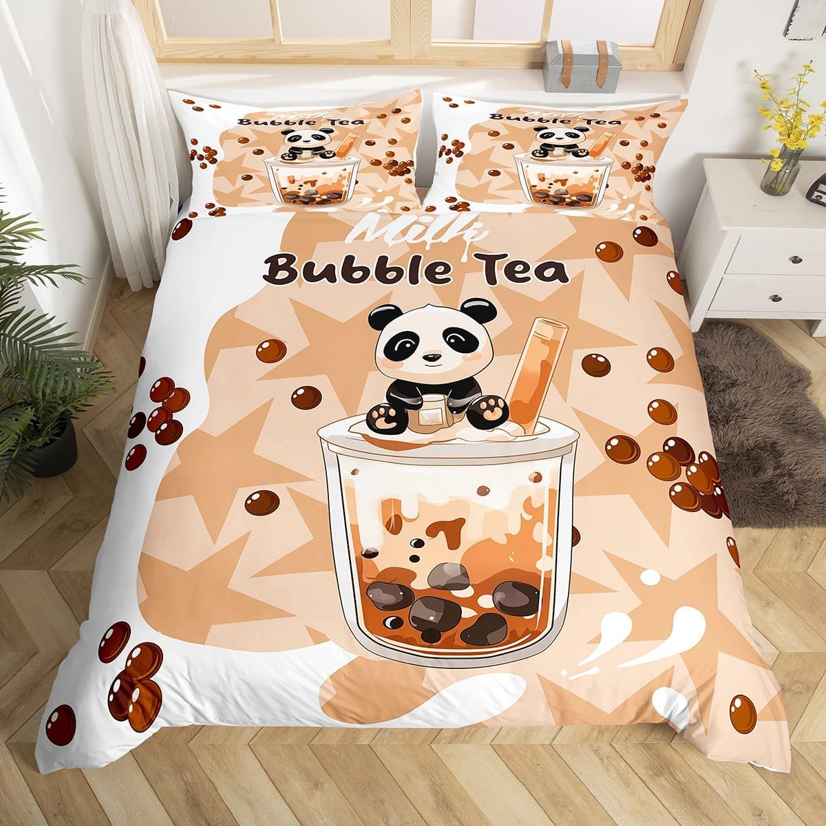 Cute Panda Duvet Cover Twin Size,Coffee Bubble Milk Tea Comforter Cover with 1 Pillowcase for Boys Girls,Modern Stars Cartoon Soft Breathable Bed Cover Room Decor,No Comforter
