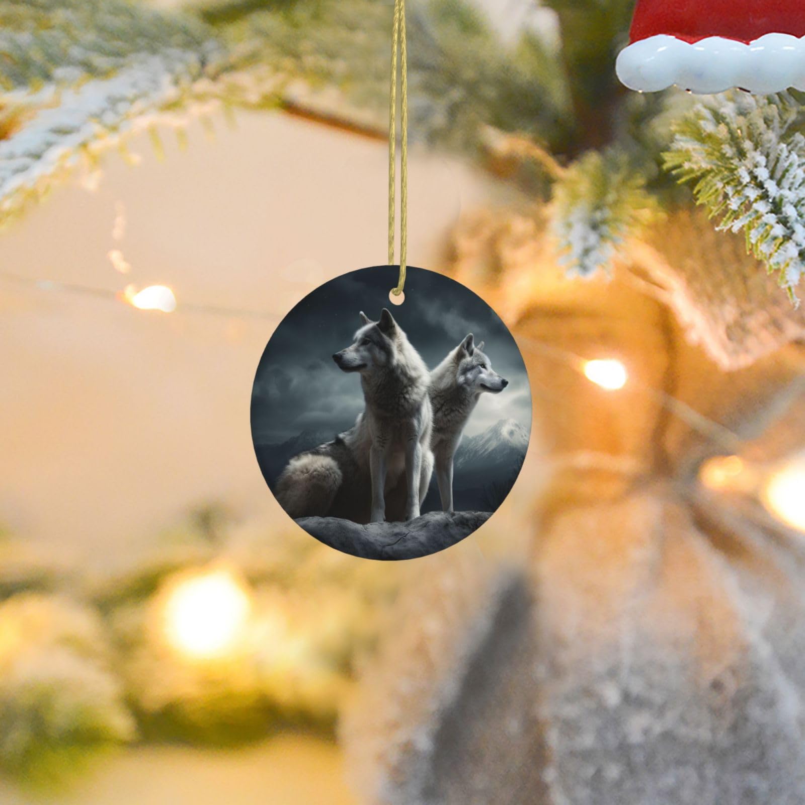 Christmas Ornaments for Christmas Tree Decoration Ceramic Hanging Wolf at Night Ornament with Gold Ribbon Crafts Round Pendant for Keepsake Gifts Glass Xmas Decor Party Supplies