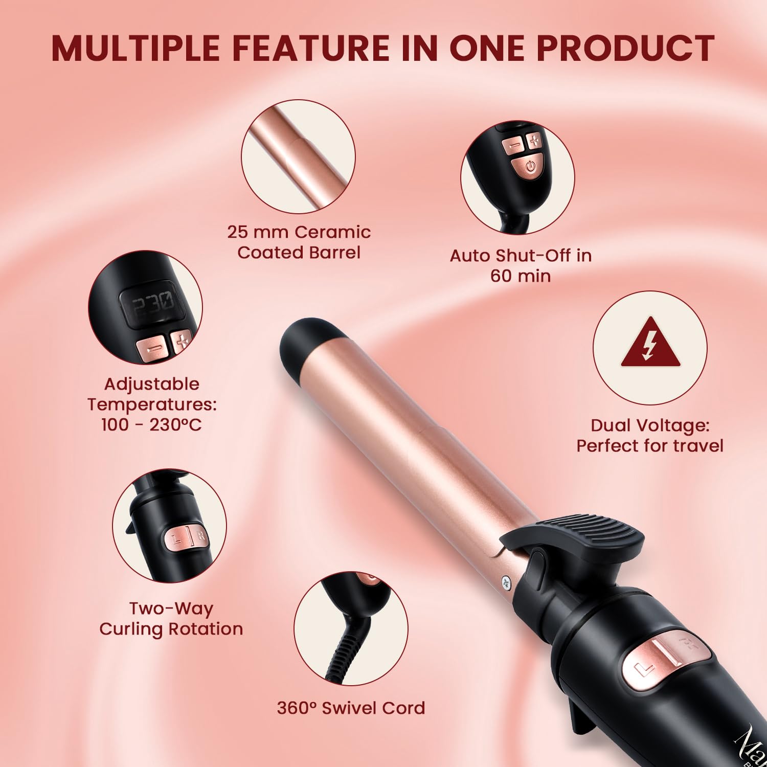 Urban Yog MakeMeeBold Rotating Hair Curling Iron & Hair Straightening Brush Combo – 14/5 Temp Settings, Ceramic Barrel & Plates, Two-Way Rotation, Auto Shut-Off, 360° Swivel, Travel-Ready - Image 9 thumbnail