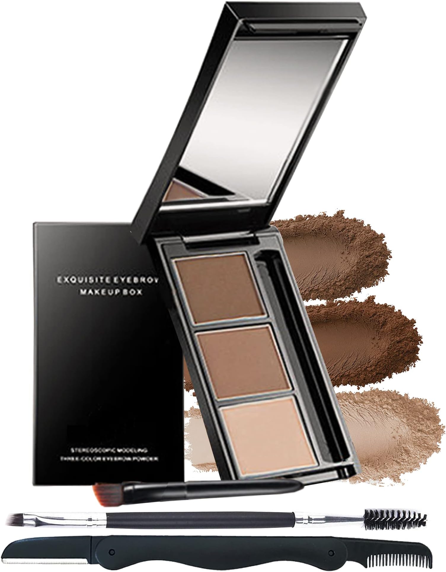 Eyebrow Powder Makeup Kit-3 Colors Eye Brow Powder Palette Long-Lasting Waterproof, Dark/light Brown Brow Filler, Fill & Sculpt Full Eyebrows for Women, With Mirror, Brow Brush & Razor-Set 02