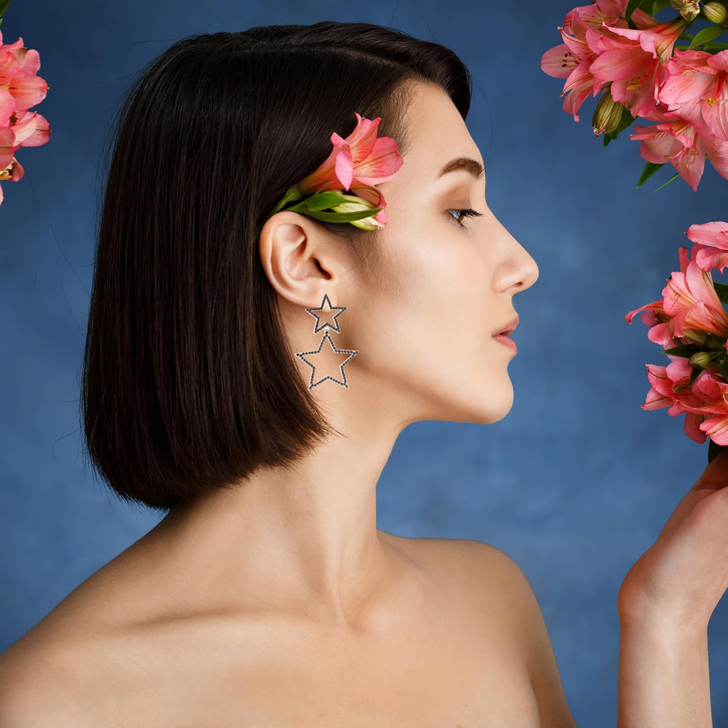 Star Earrings for Women Sparkle Rhinestone Big Star Drop Dangle Earrings Hollow Dangling Earrings Long Double Stud Earrings Jewelry for Lightweight Festival Birthday Party - Image 6